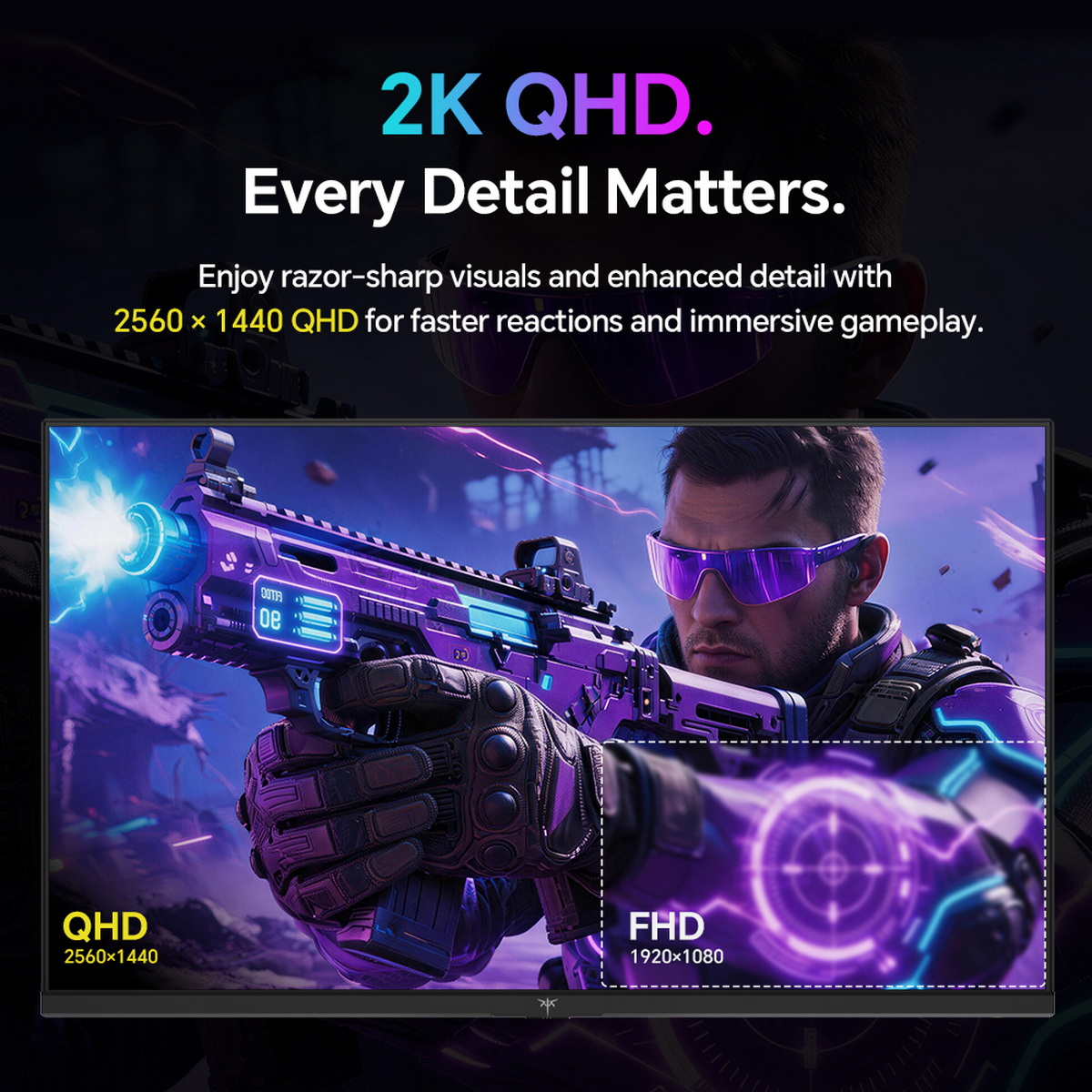 Mann mit futuristischer Waffe, 2K QHD Monitor mit Vergleich QHD/FHD.