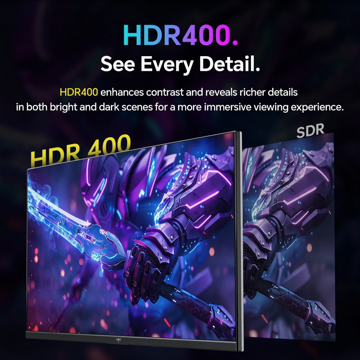 Ein HDR400-Monitor zeigt eine detaillierte Rüstung im Vergleich zu SDR.