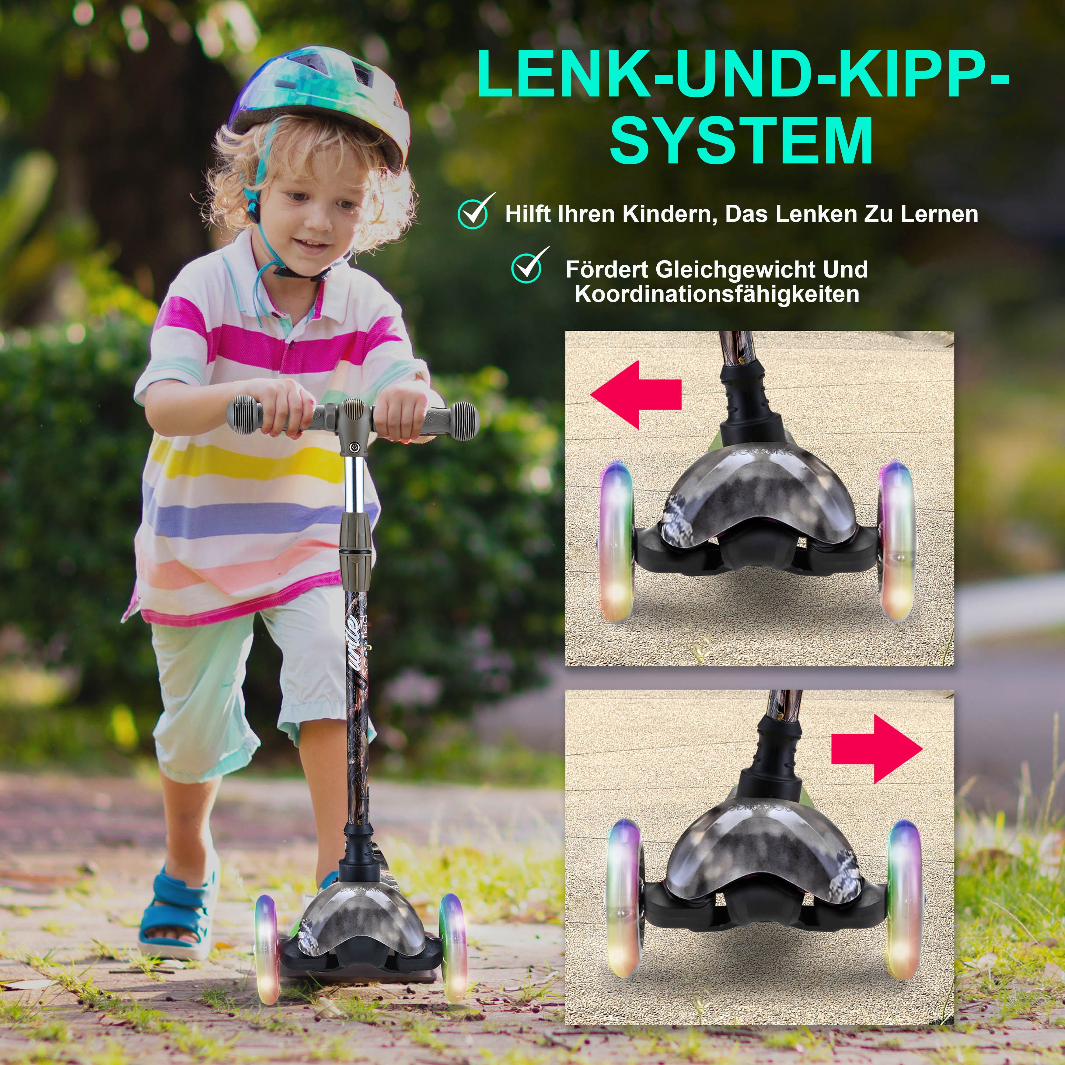 Junge mit Helm fährt Roller mit leuchtenden Rädern. Text: Lenk-und-Kipp-System.