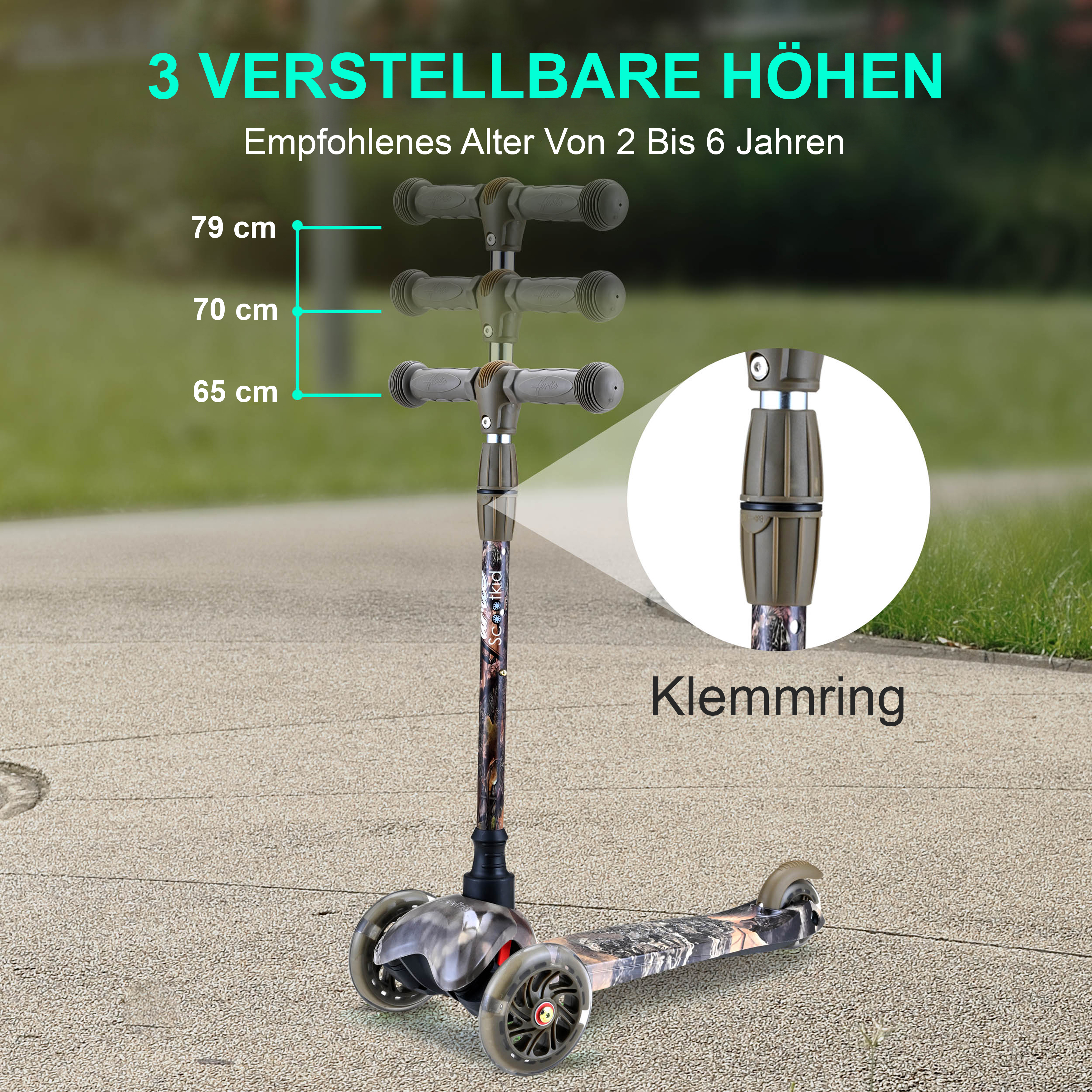 Dreirad-Scooter mit 3 höhenverstellbaren Griffen (65, 70, 79 cm).