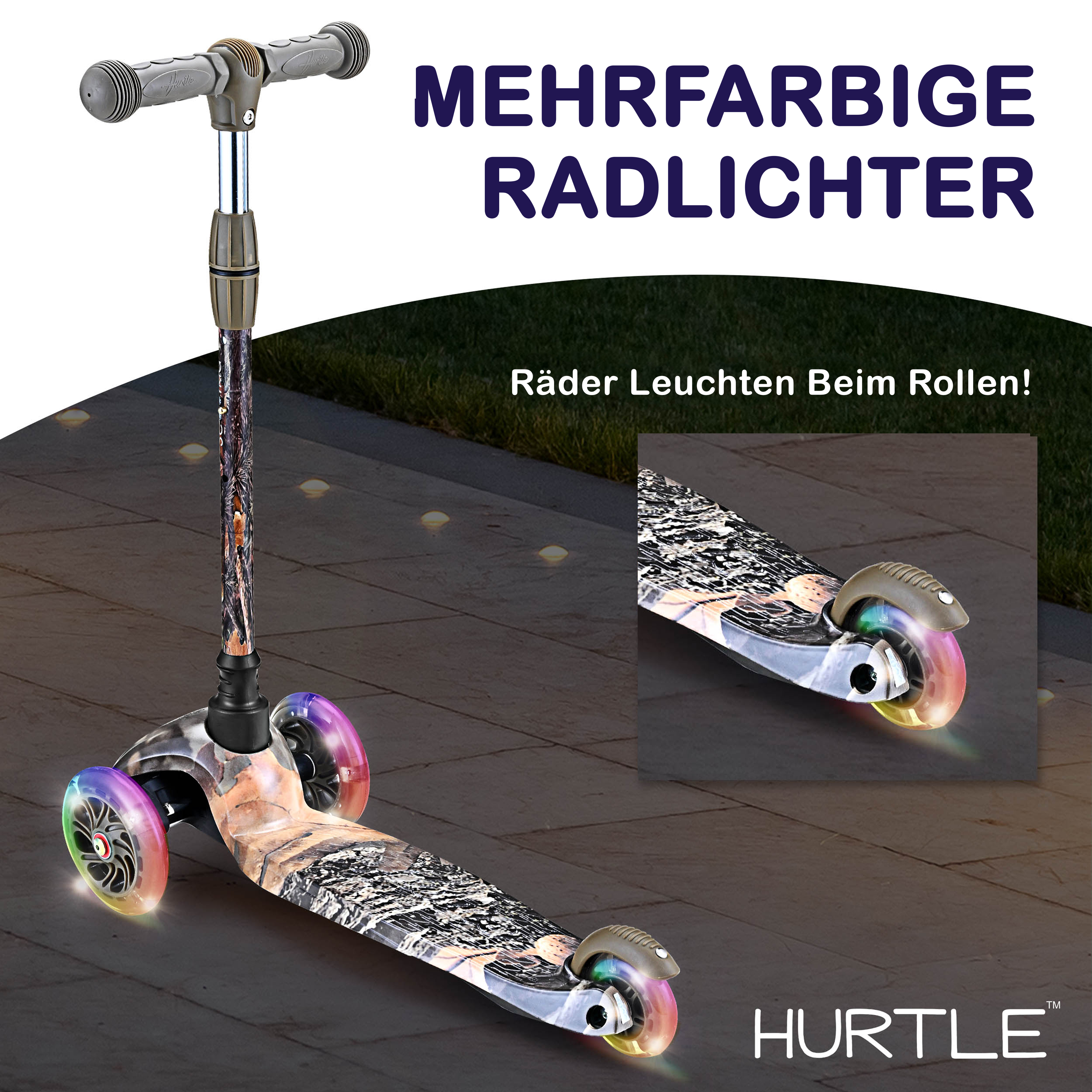 Ein mehrfarbiger dreirädriger Roller mit leuchtenden Rädern auf einem gepflasterten Weg.