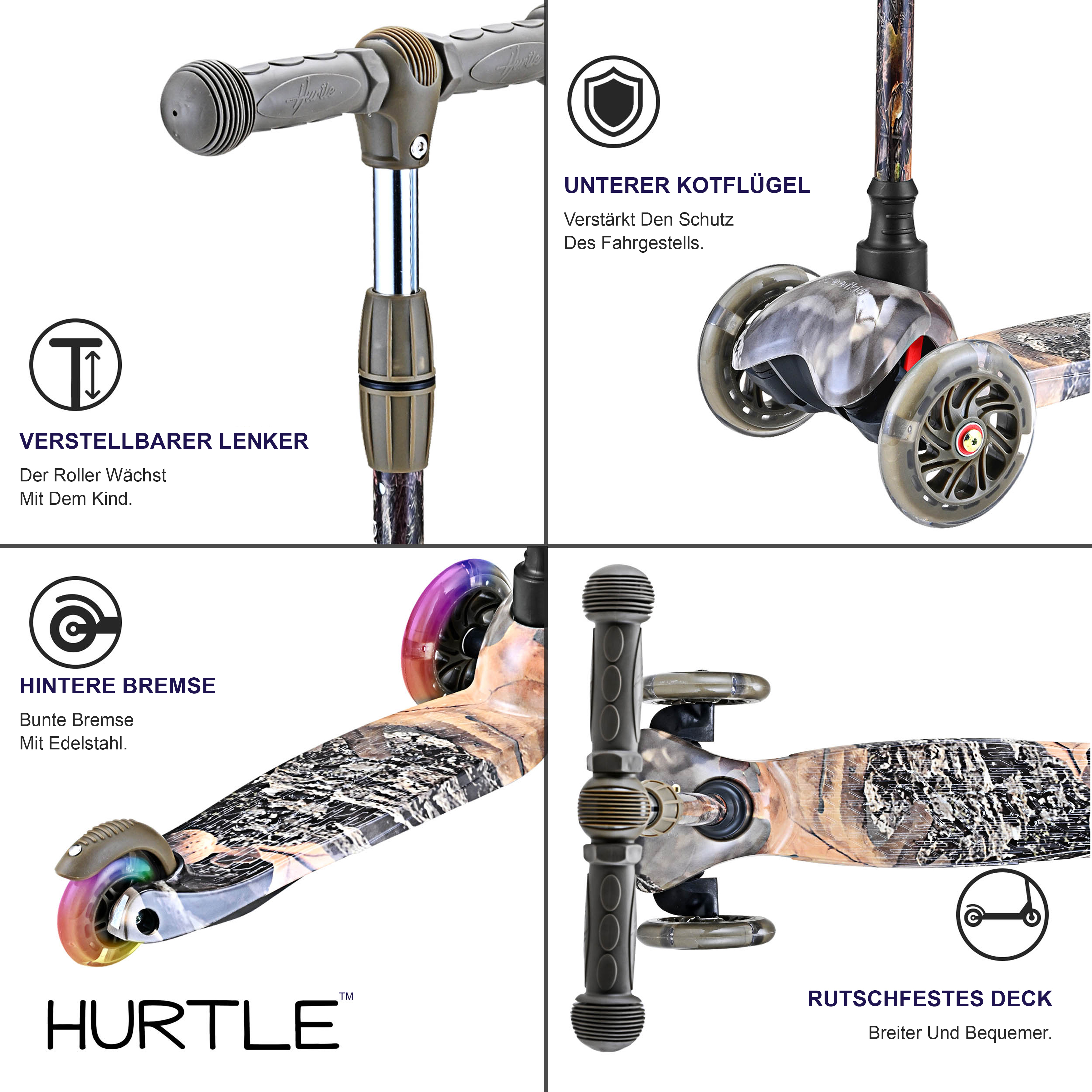 Details eines Roller: Lenker, Bremse, Räder, Deck und Kotflügel.