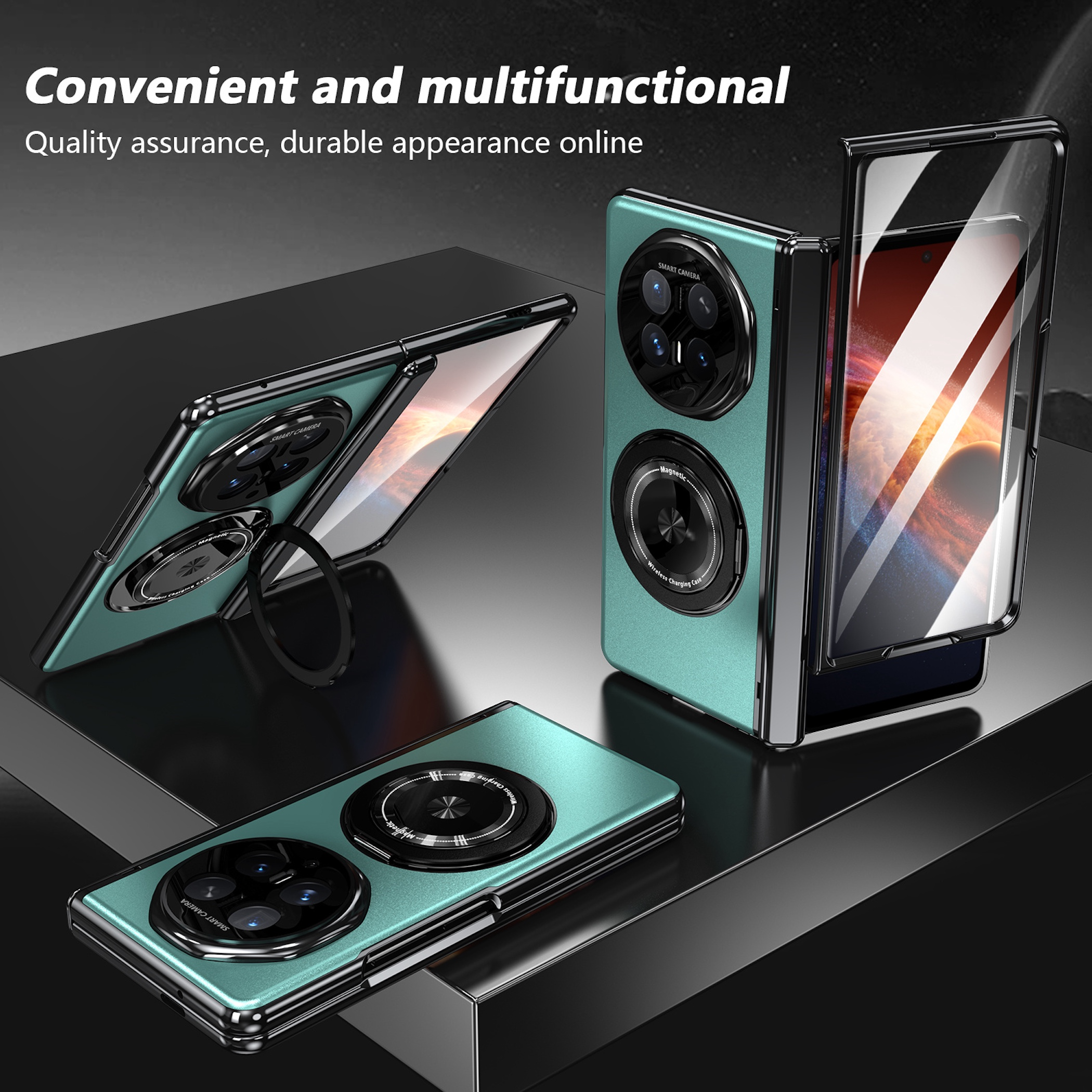 Ein teal Smartphone-Case mit Ringhalter und magnetischer Ladefunktion.