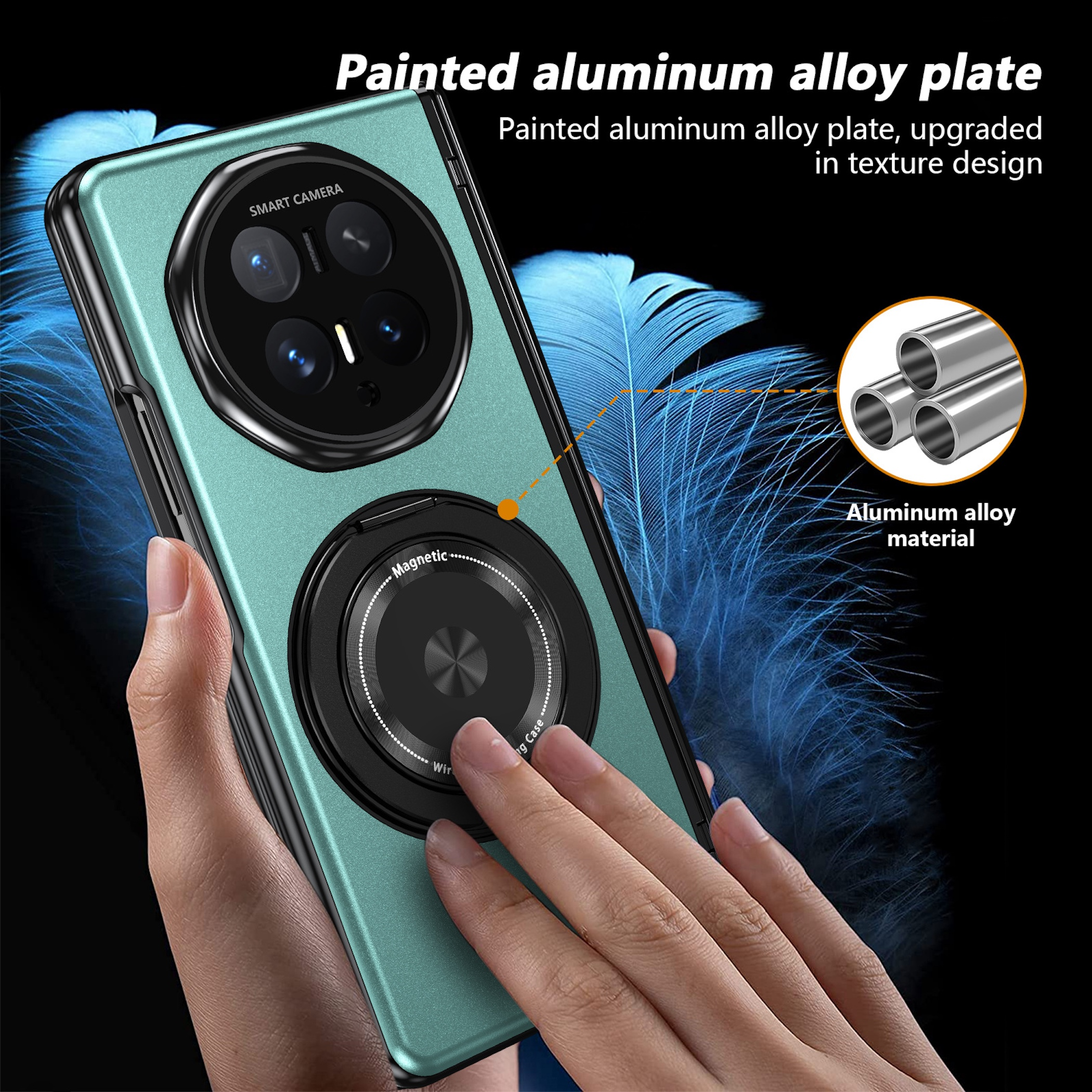 Eine Hand hält ein türkisfarbenes Handy mit Aluminiumgehäuse und Magnetring.