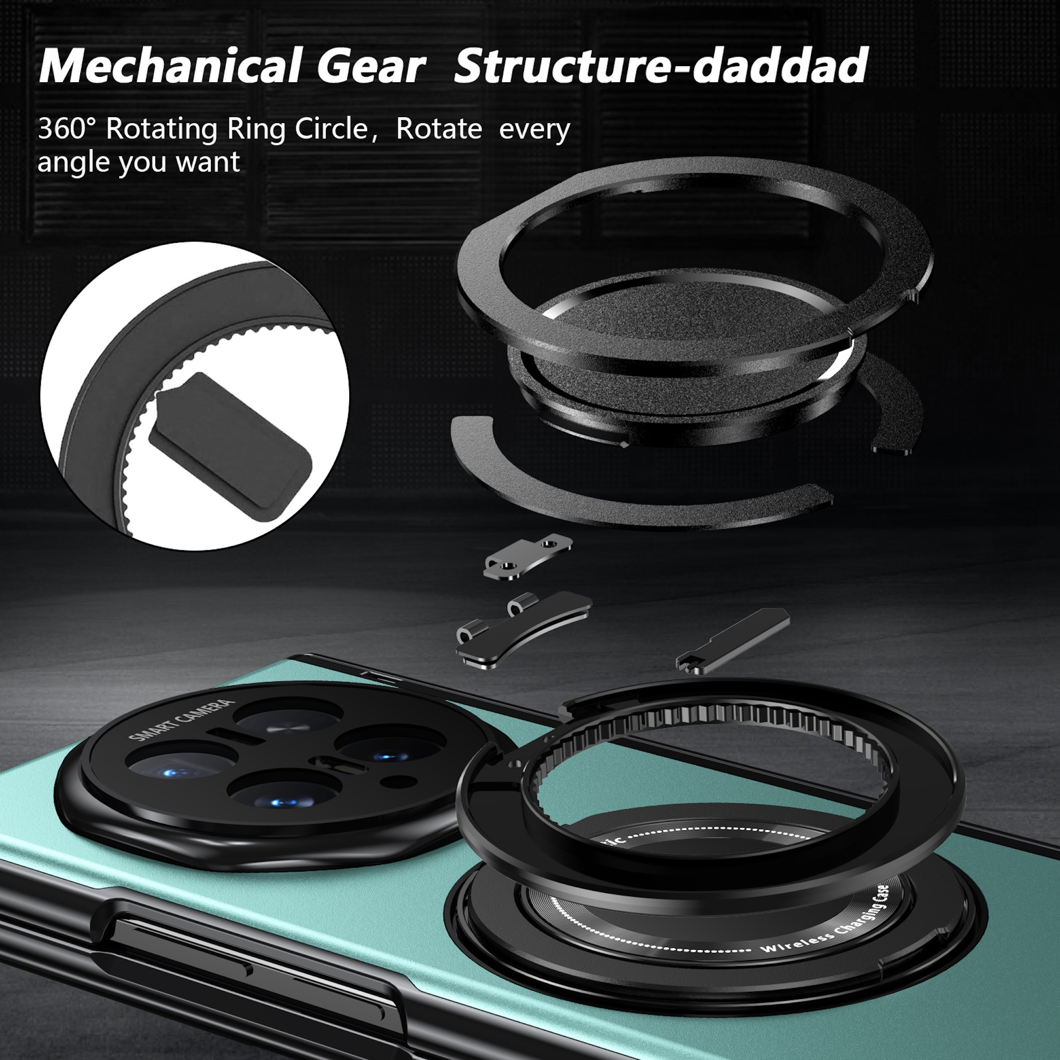 Handyhülle mit einem 360-Grad-Drehring und mechanischer Zahnradstruktur.