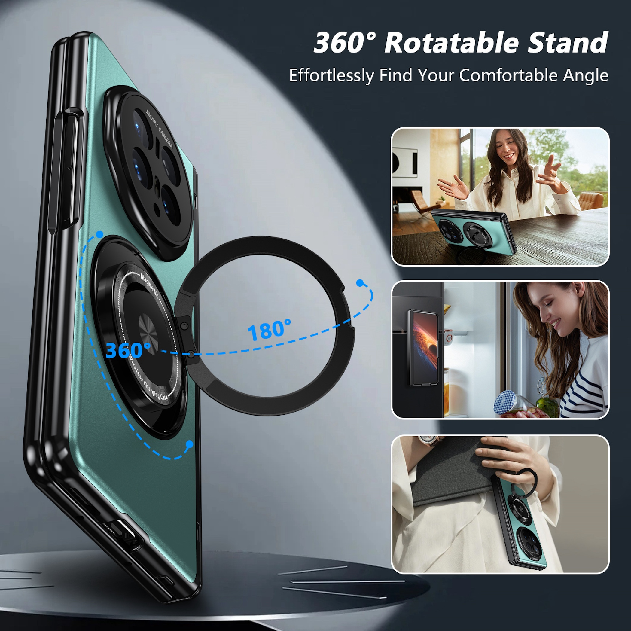 Türkiser Handyhülle mit 360° drehbarem Ringständer und Kamera-Array.