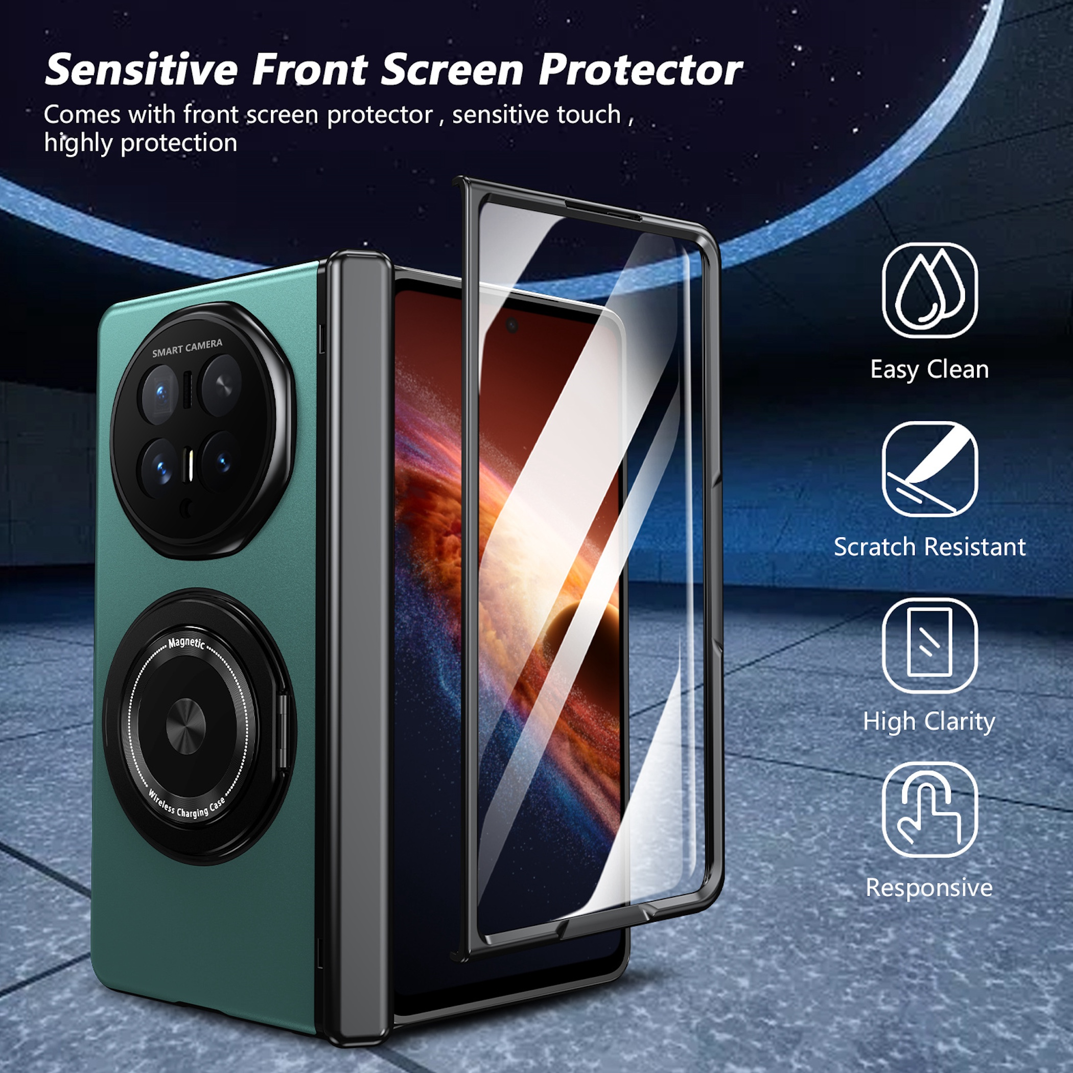 Grünes Telefon mit Kamera, Magnetkreis und Displayschutzfolie.