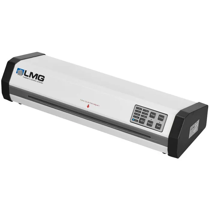 Ein weißer Laminator mit schwarzen Endkappen und Bedienfeld.