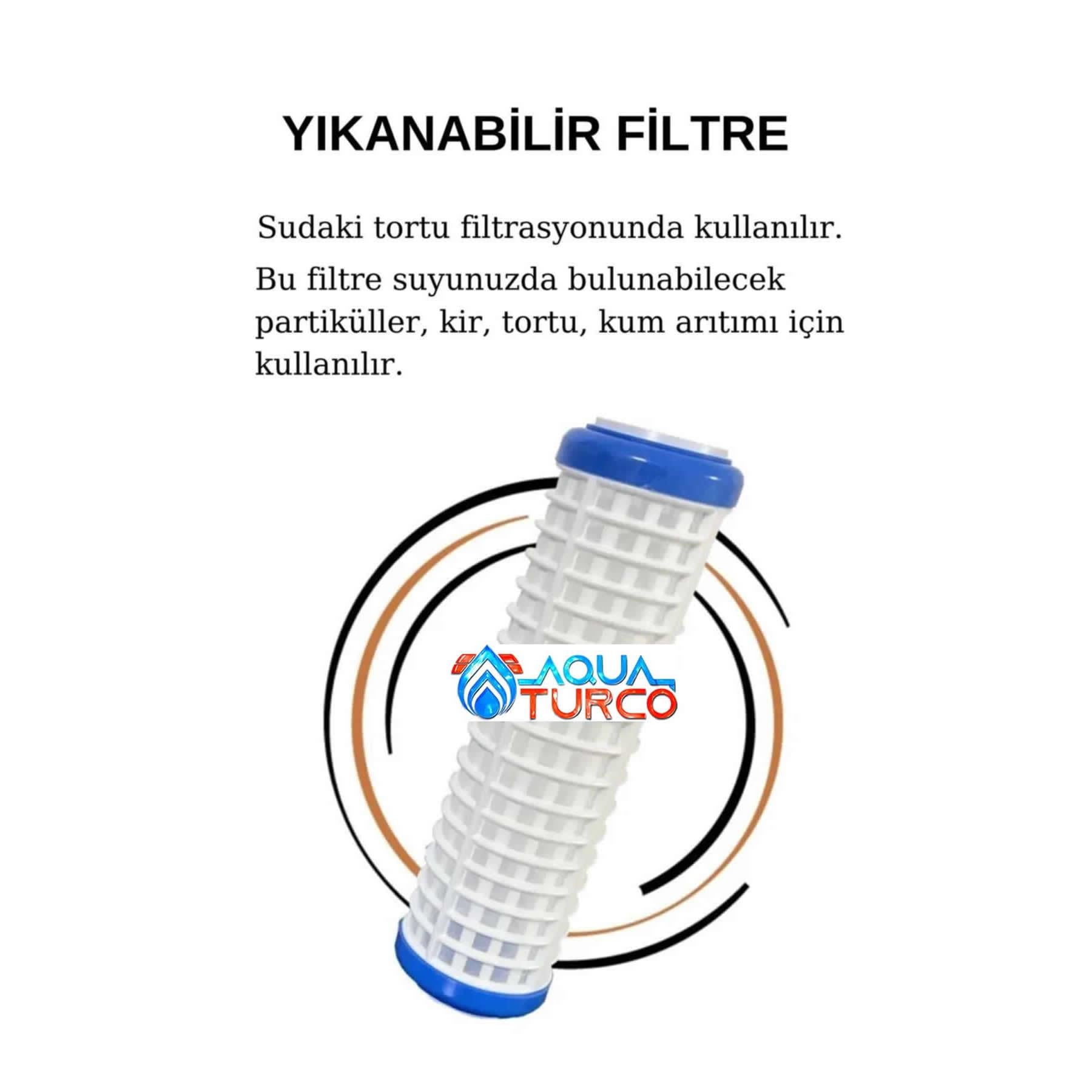 Mavi üst ve logolu beyaz su filtresi. Tortu filtrasyonu için kullanılır.