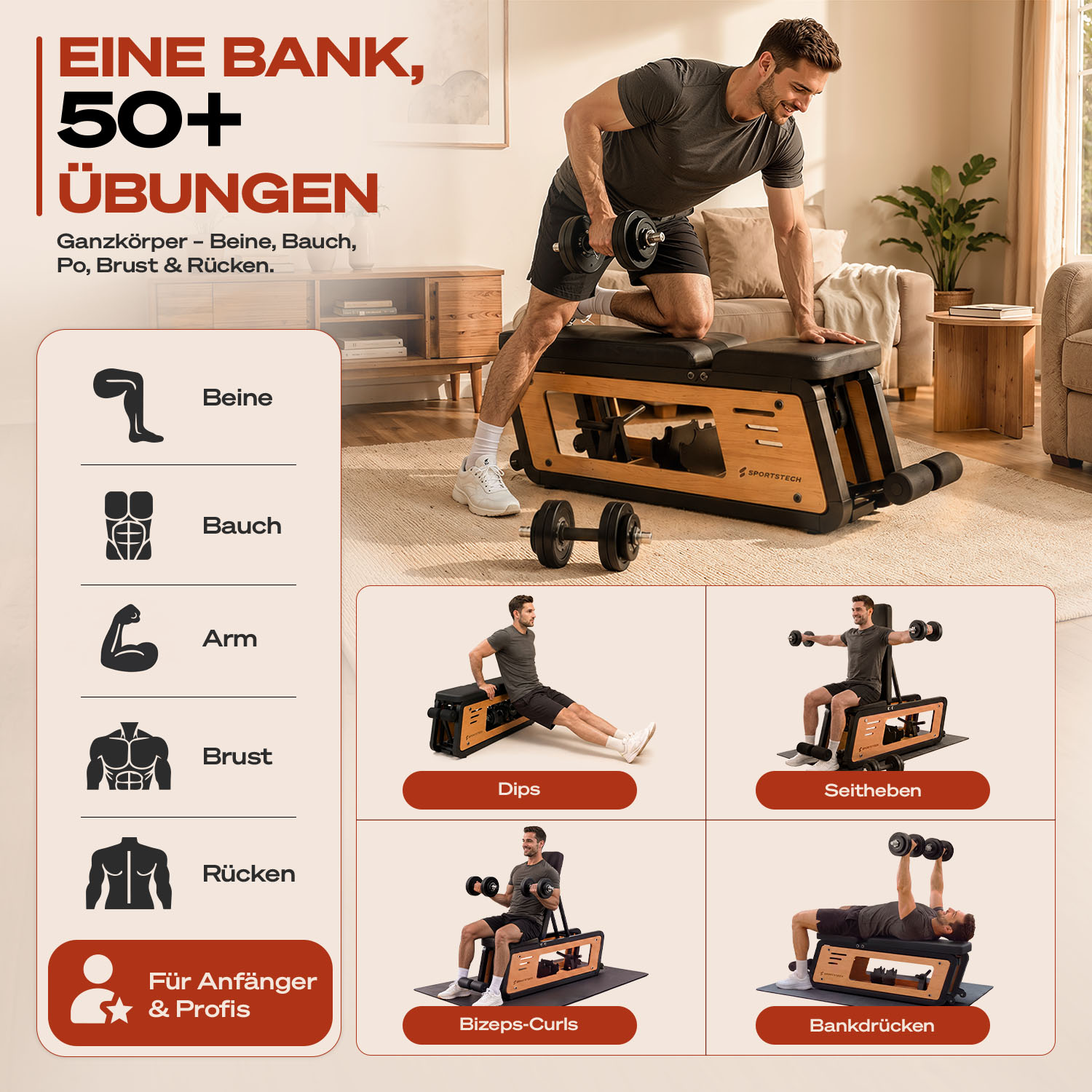 Ein Mann trainiert mit Hanteln auf einer multifunktionalen Fitnessbank für verschiedene Übungen.