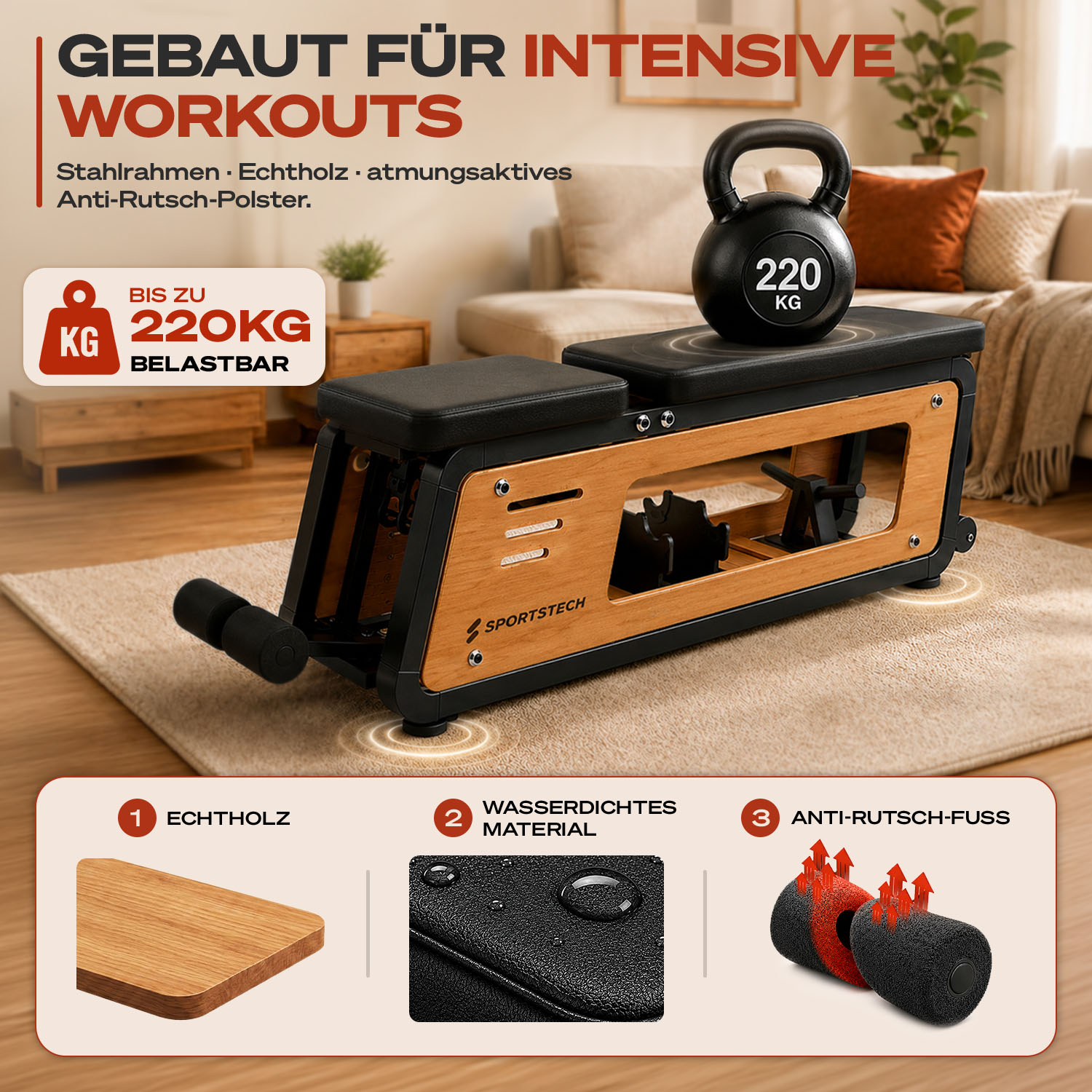 Ein schwarzer Kettlebell mit 220 kg auf einer Trainingsbank aus Holz und Stahl.