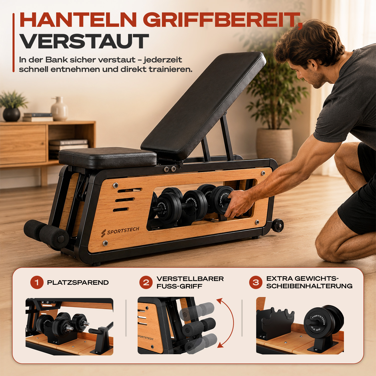 Mann verstaut Hanteln in einer Trainingsbank. Holz und schwarzes Metall.