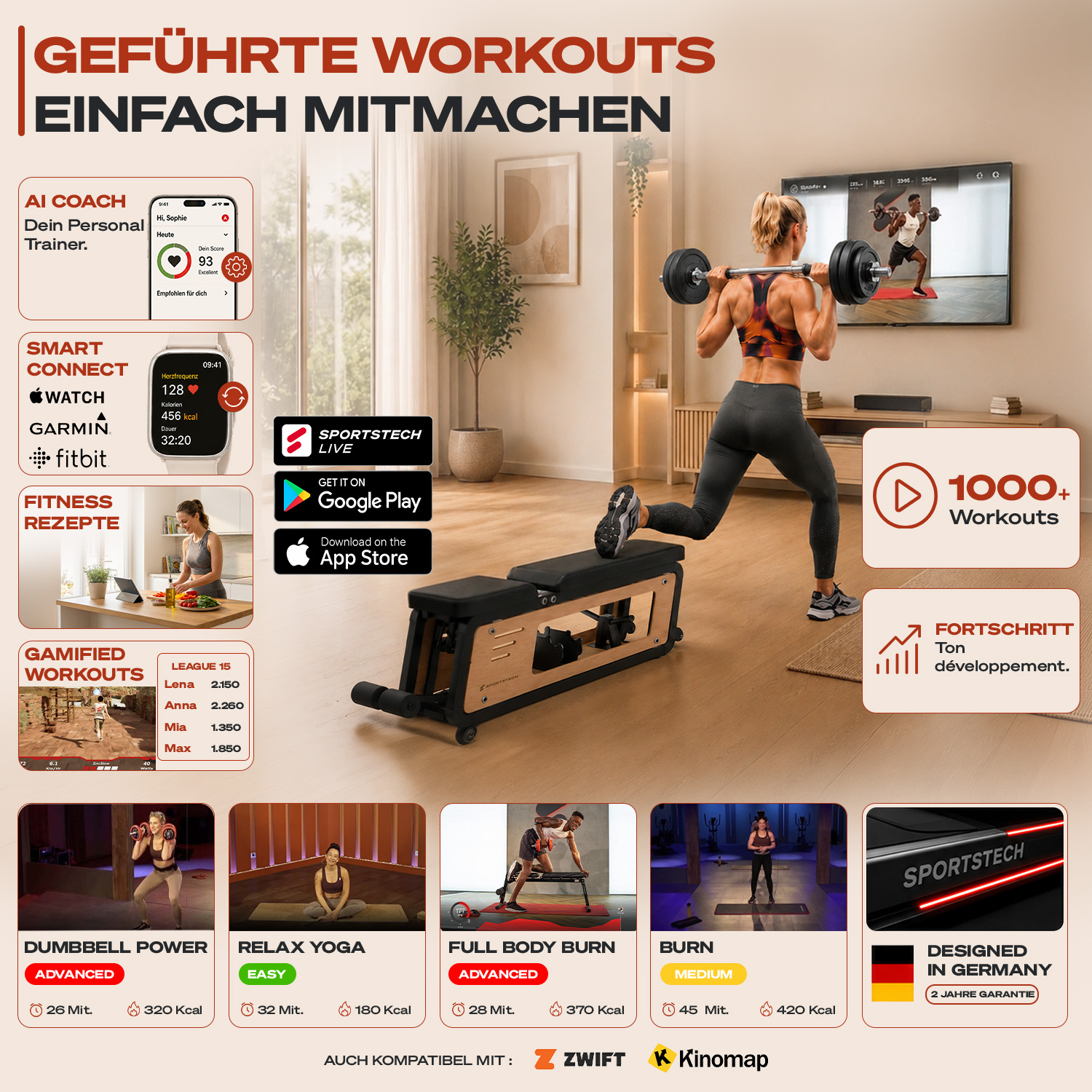 Fitness-Werbeplakat mit einer Frau, die trainiert, und verschiedenen Trainingsoptionen.