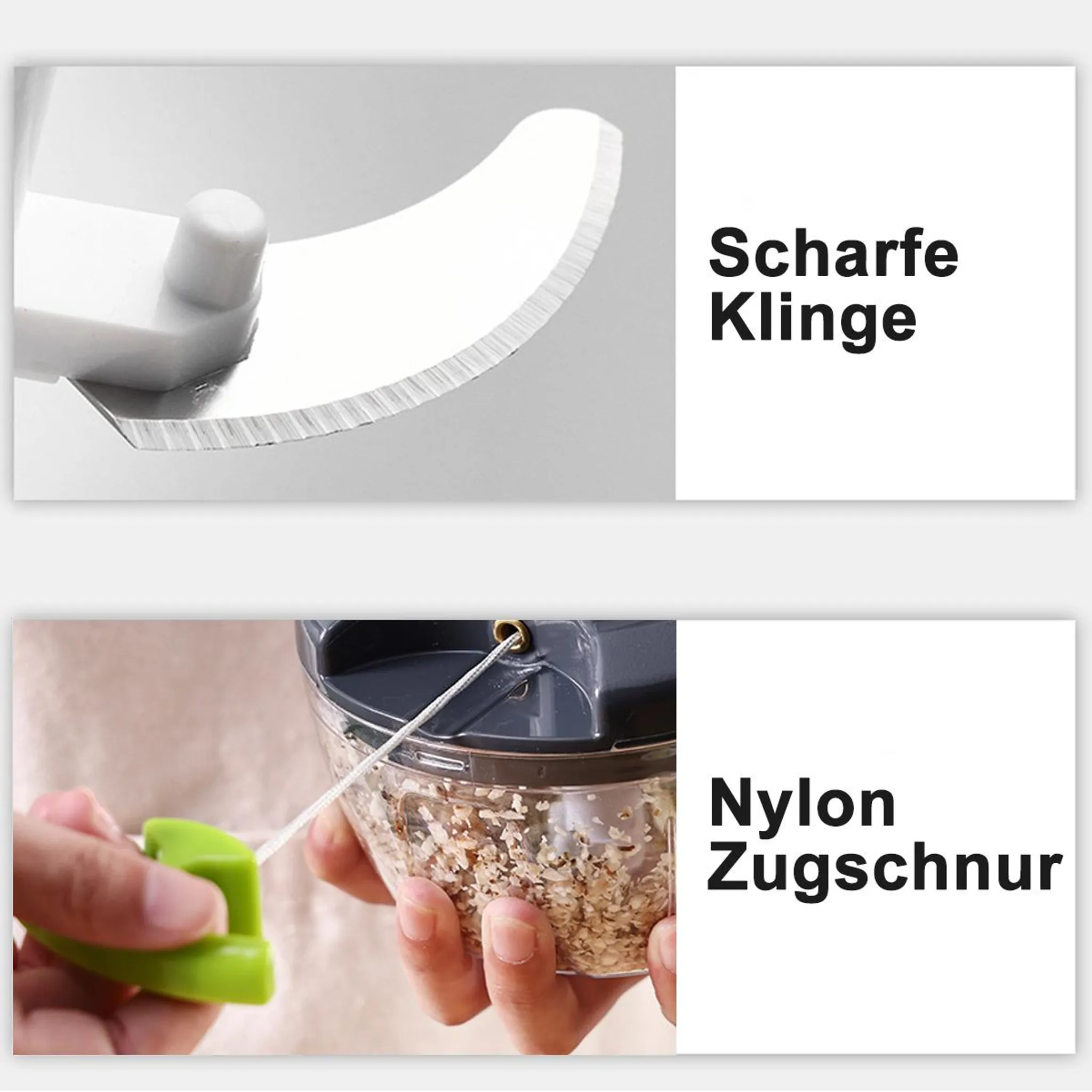 Nahaufnahme einer scharfen Klinge und eines grünen Zuggriffs eines Zerkleinerers.