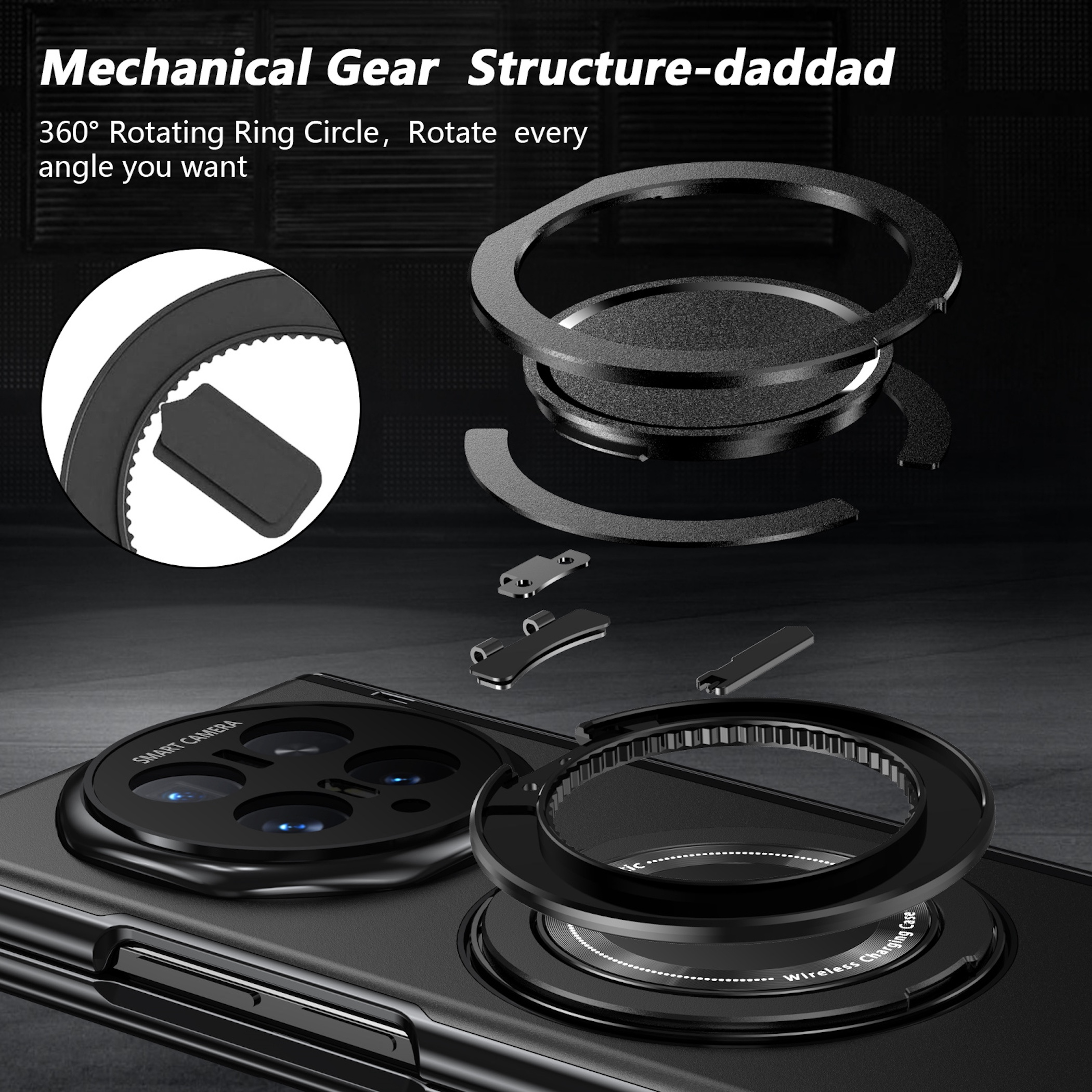 Mechanische Zahnradstruktur mit 360°-Drehring für den Handy-Kameraschutz.