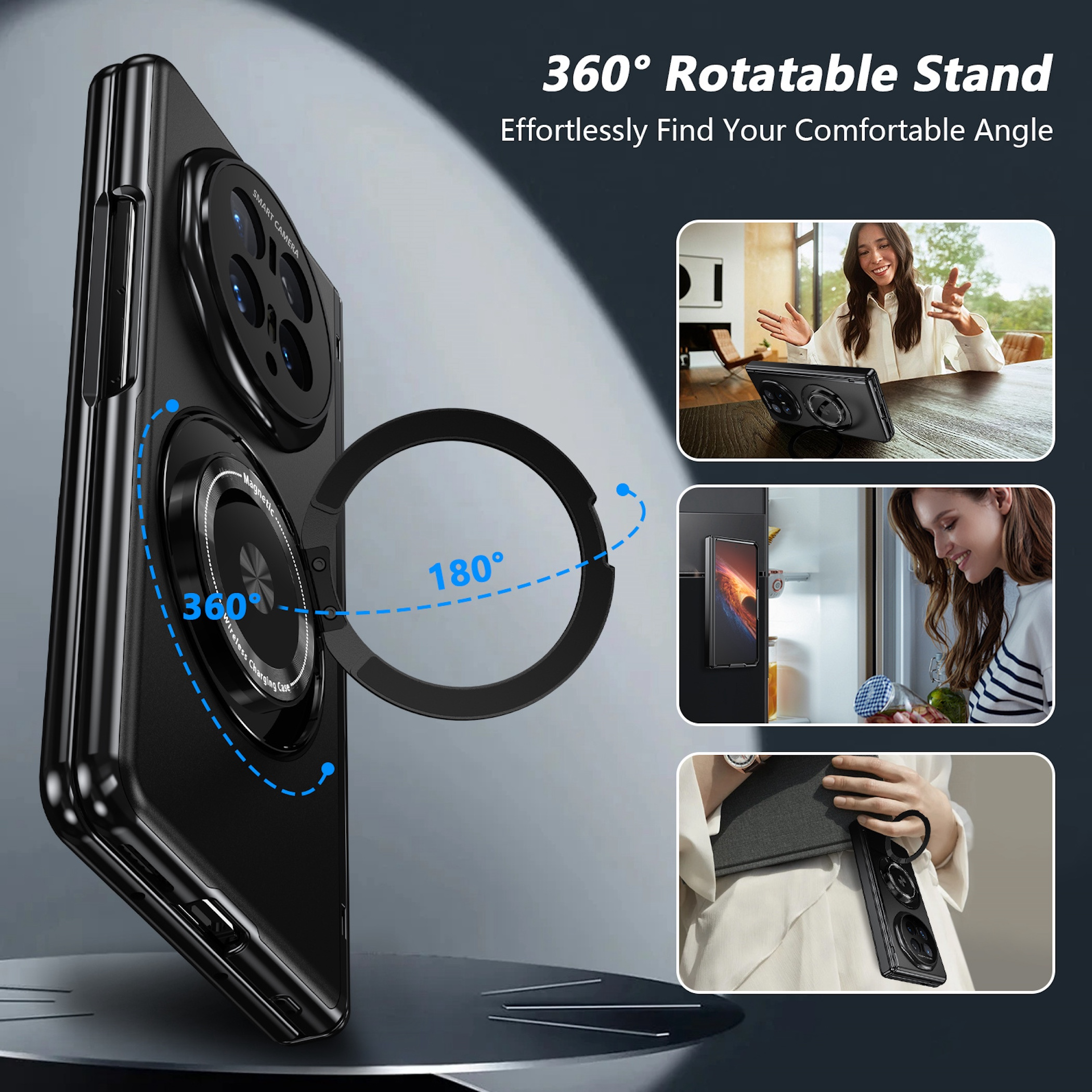 Schwarzes Handyhülle mit 360° drehbarem Ständer und magnetischer Ladefunktion.