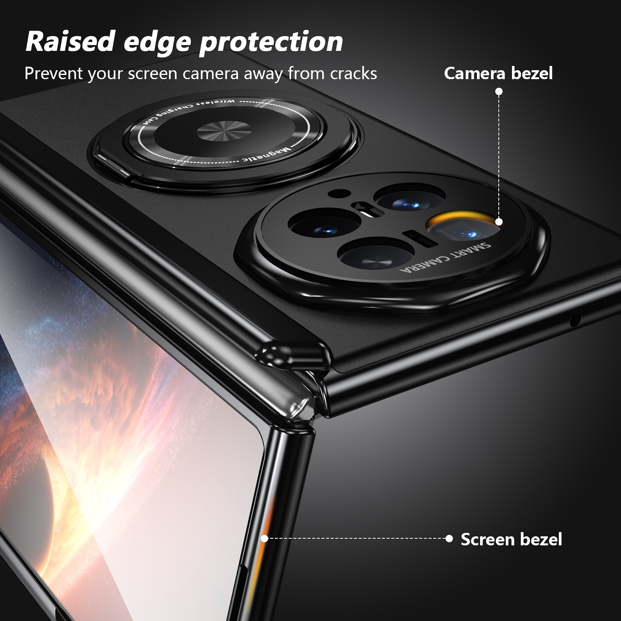 Schwarzes Handy mit erhabenem Kameraschutz und Displayrand.