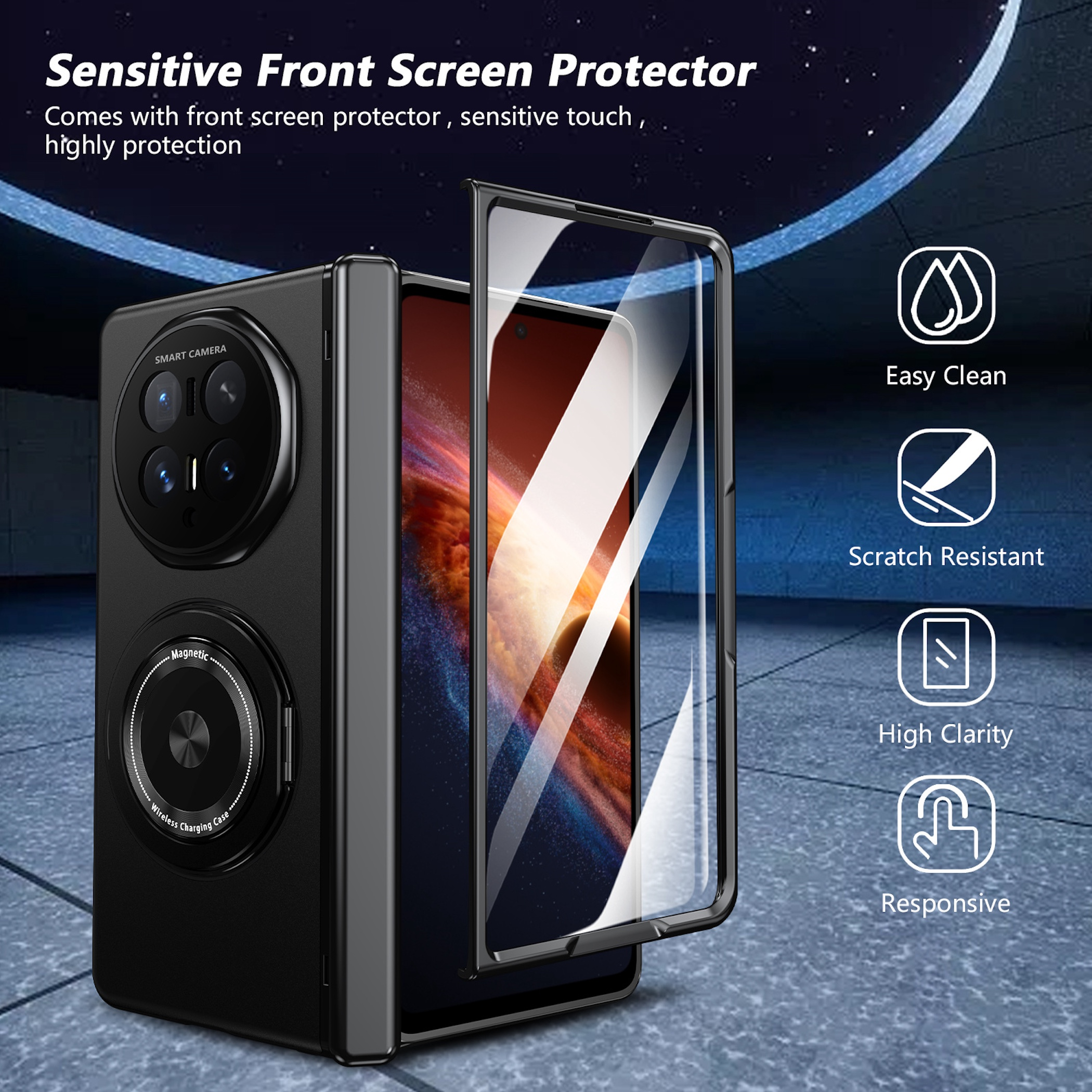Schwarzes Handy mit Displayschutz. Kameramodul und Ladefunktion.