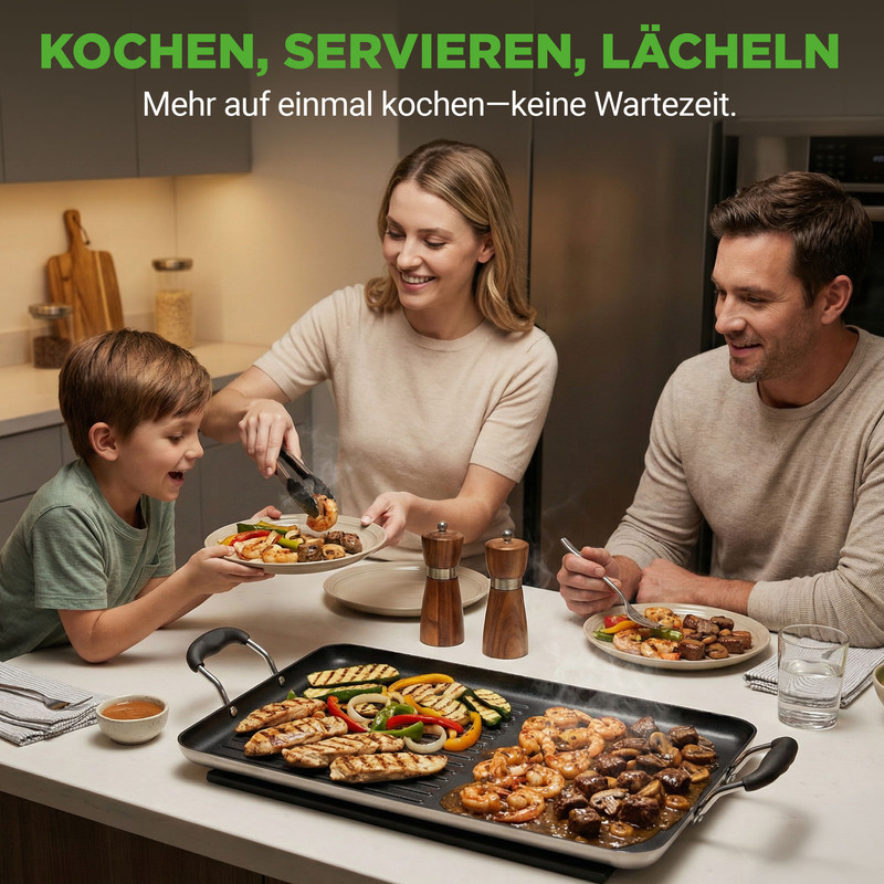 Familie isst vom Grill. Mann, Frau und Kind am Tisch. Grillplatte mit Fleisch und Gemüse.