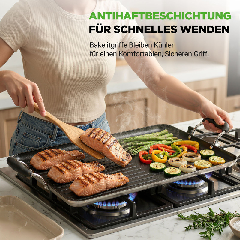 Person grillt Lachs und Gemüse auf einem Gasherd.