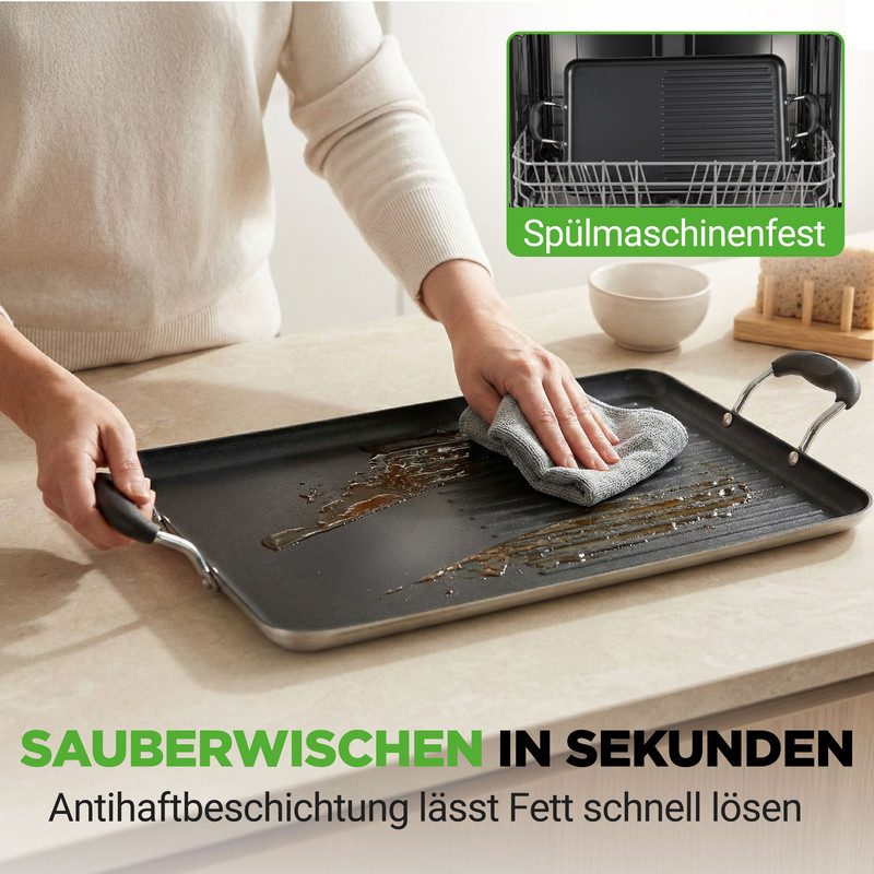 Eine Person reinigt eine Grillplatte mit einem Tuch.