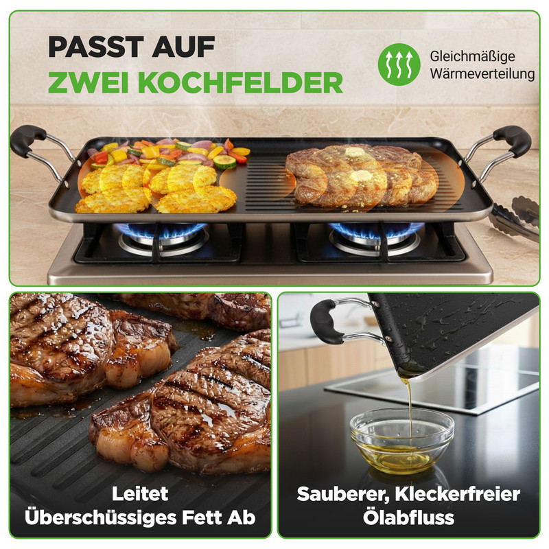 Grillplatte auf zwei Kochfeldern mit Fleisch und Gemüse. Fettabfluss und gleichmäßige Wärmeverteilung.