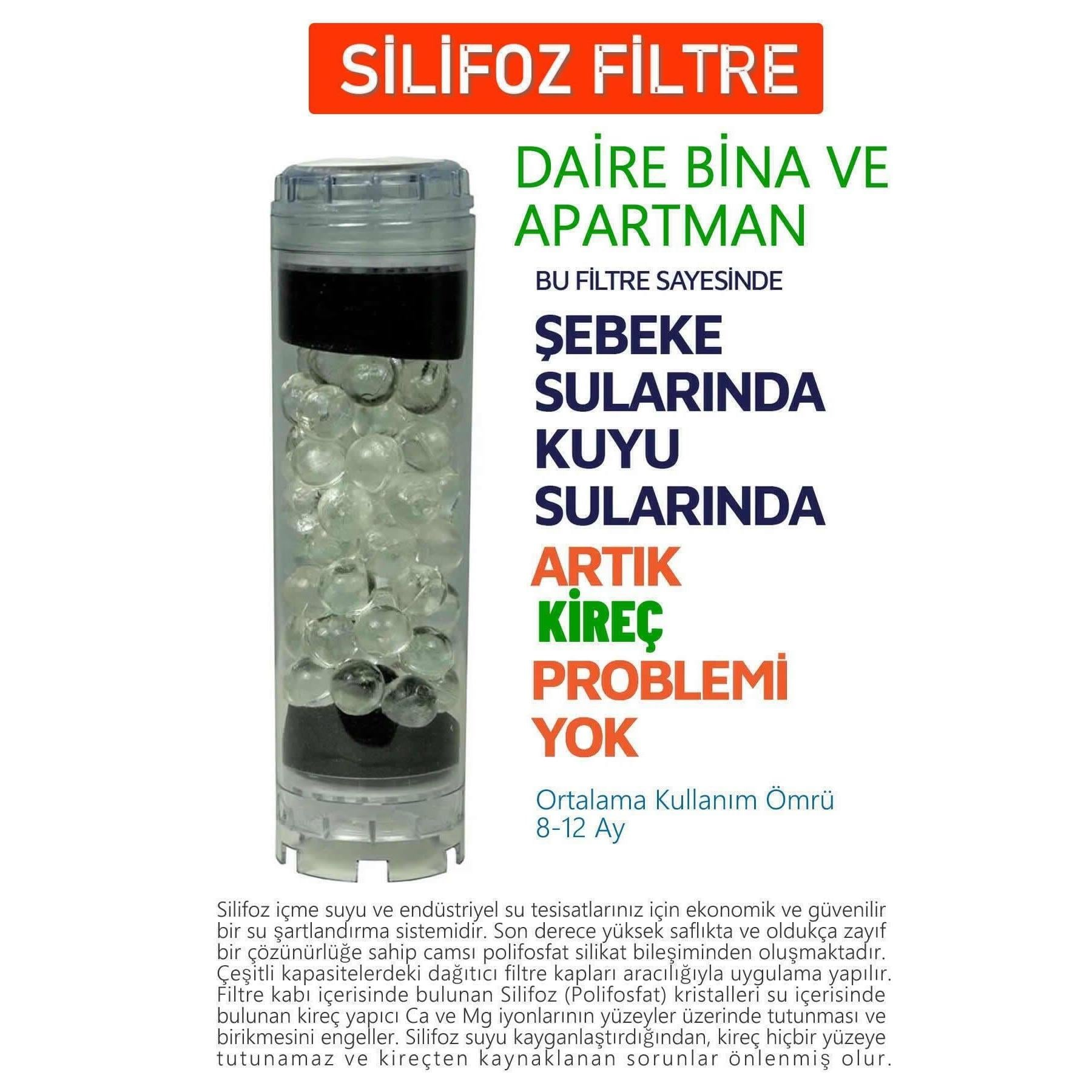 Beyaz zeminde, cam bilyelerle dolu şeffaf gövdeli su filtresi.