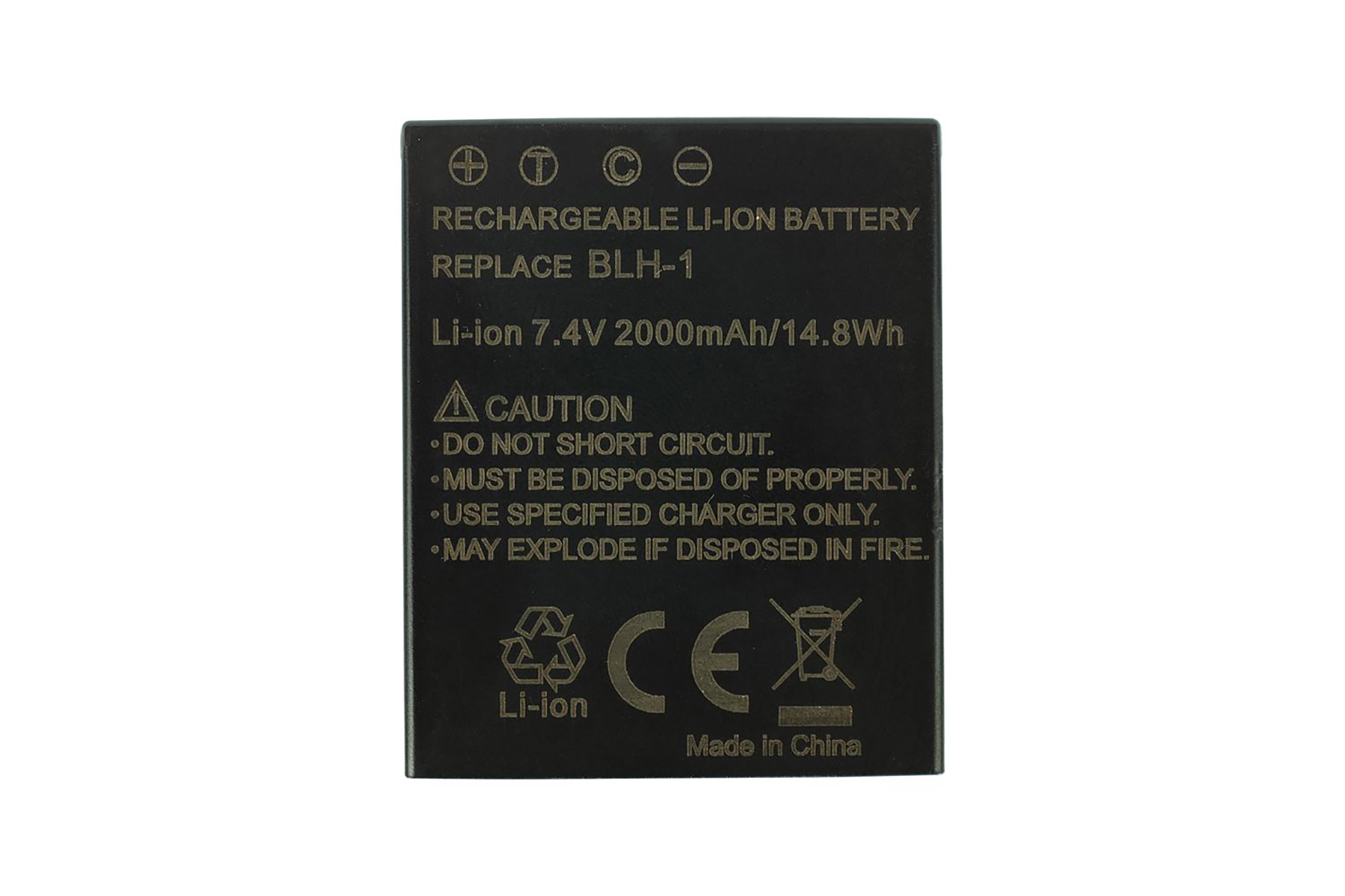 Schwarzer Li-Ion-Akku BLH-1, 7.4V, 2000mAh. Enthält Warnhinweise.