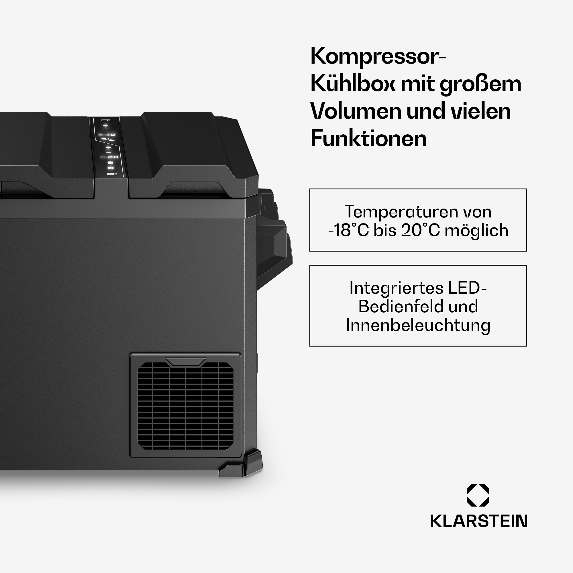 Schwarze Kühlbox mit LED-Bedienfeld, Temperaturen von -18°C bis 20°C.