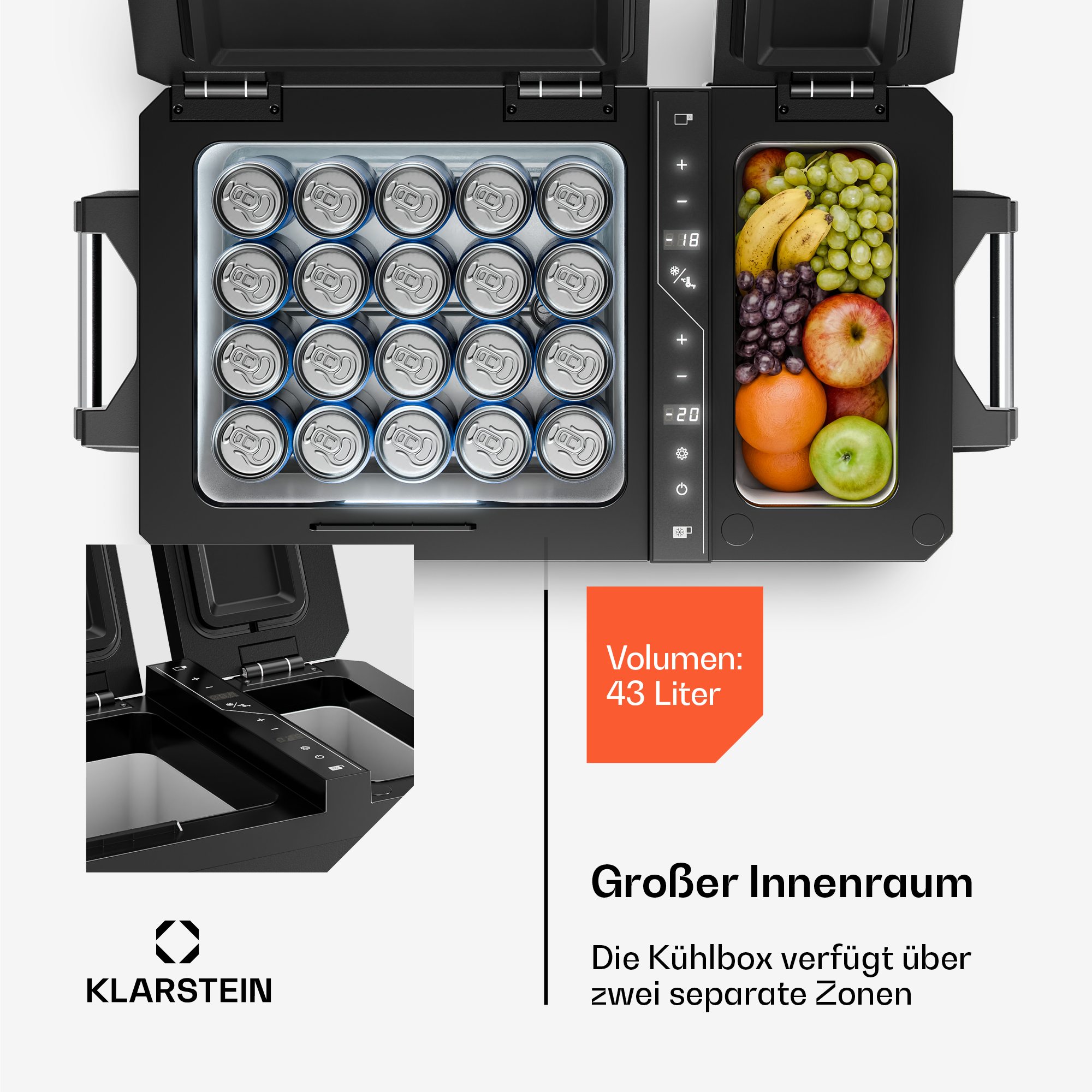 Offener Kühlbox mit Getränken und Obst, digitale Temperaturanzeige.