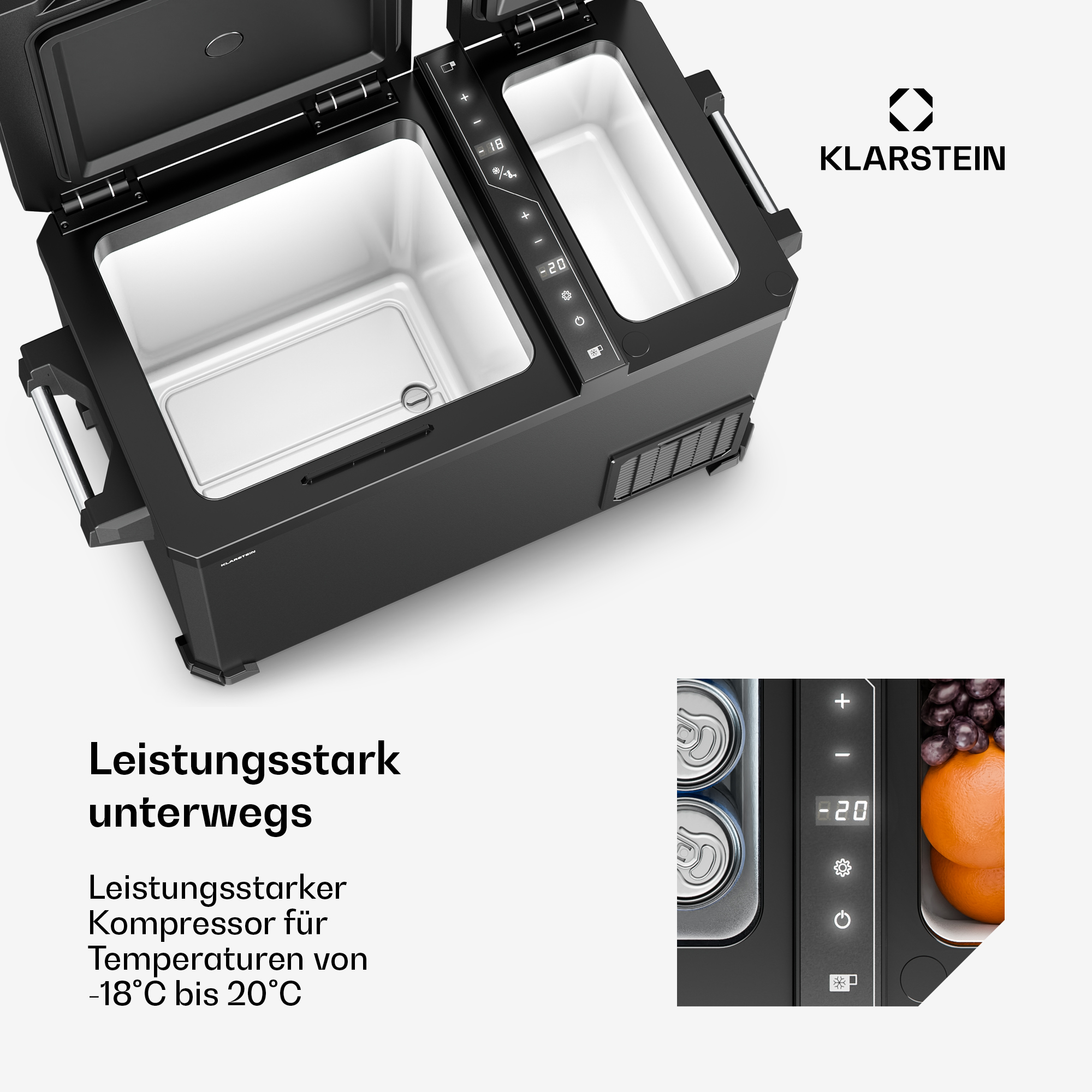 Ein offener schwarzer Kühlschrank mit zwei Fächern, einer digitalen Anzeige und Dosen.