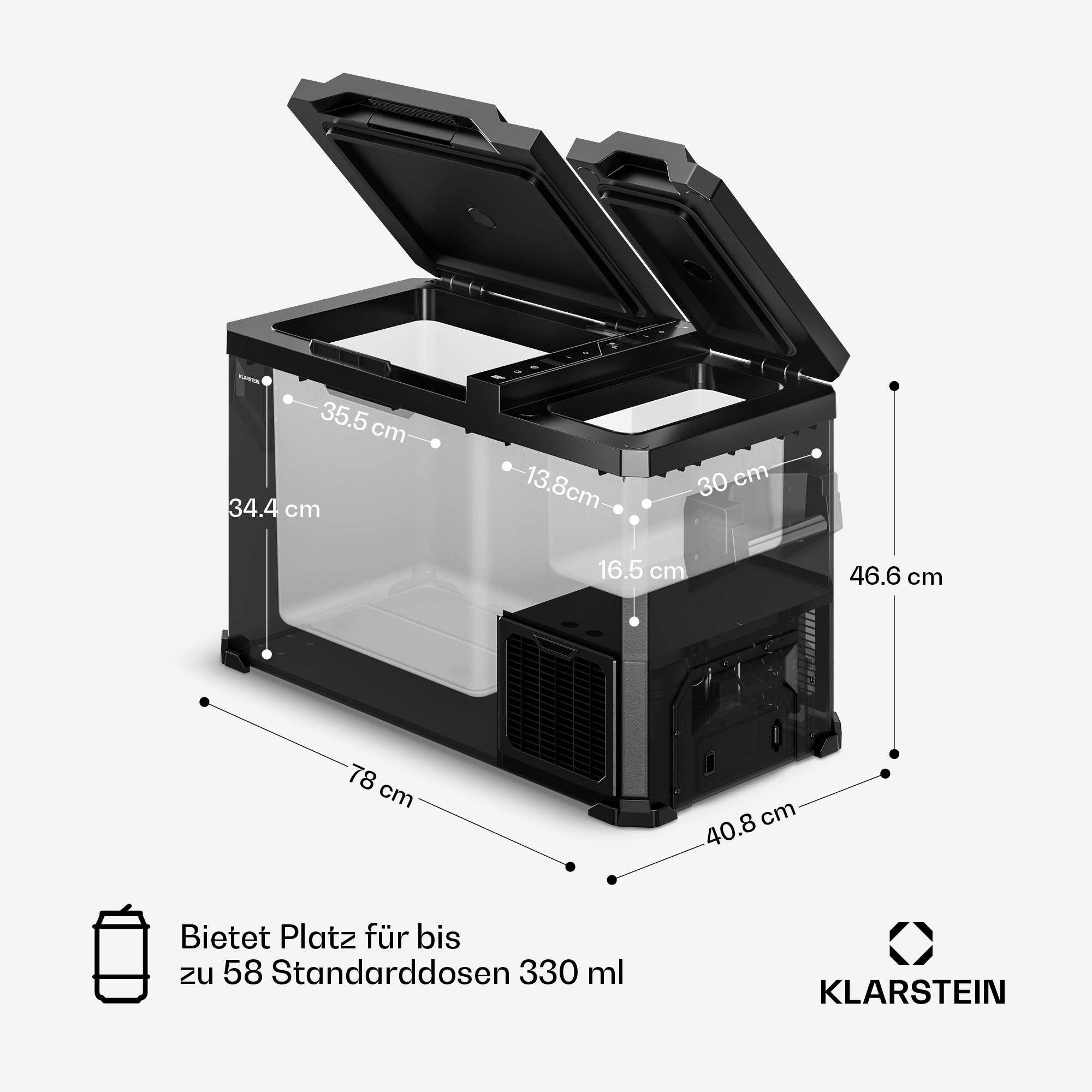 Schwarzer Kühlschrank mit geöffneten Deckeln und Maßangaben.