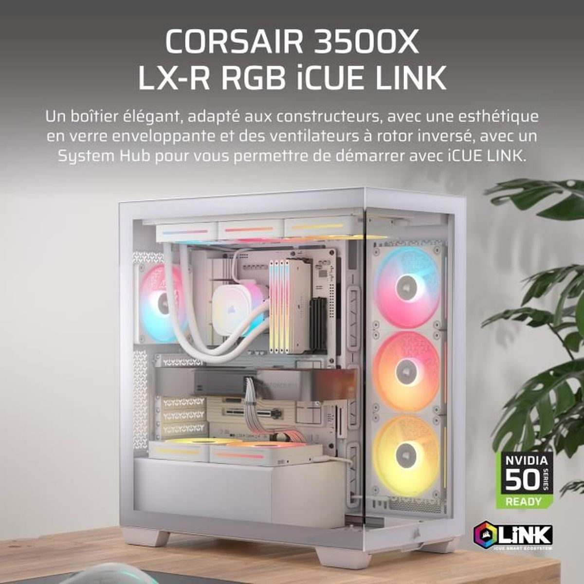Weißer PC-Gehäuse mit RGB-Lüftern, Glasfront und Komponenten.