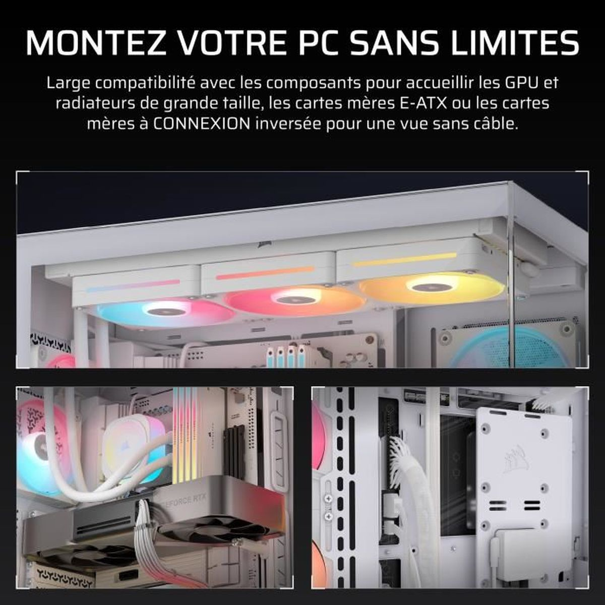 Ein PC-Gehäuse mit RGB-Lüftern und Komponenten wie GPU und Motherboard.