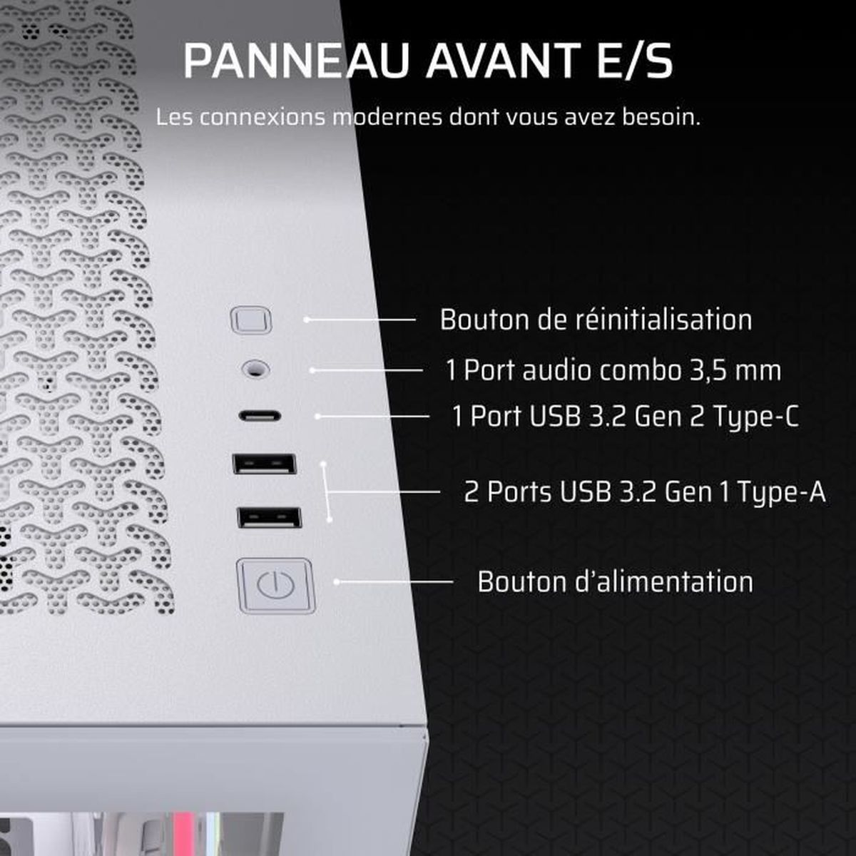Vorderseite mit Anschlüssen: Reset-Knopf, Audio, USB-C, USB-A, Power-Knopf.