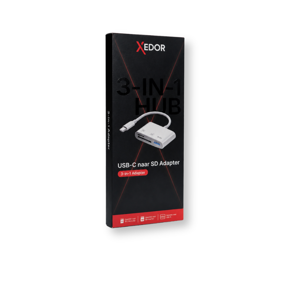 XEDOR 3-in-1 USB-C Hub verpakking met witte adapter en kabel.