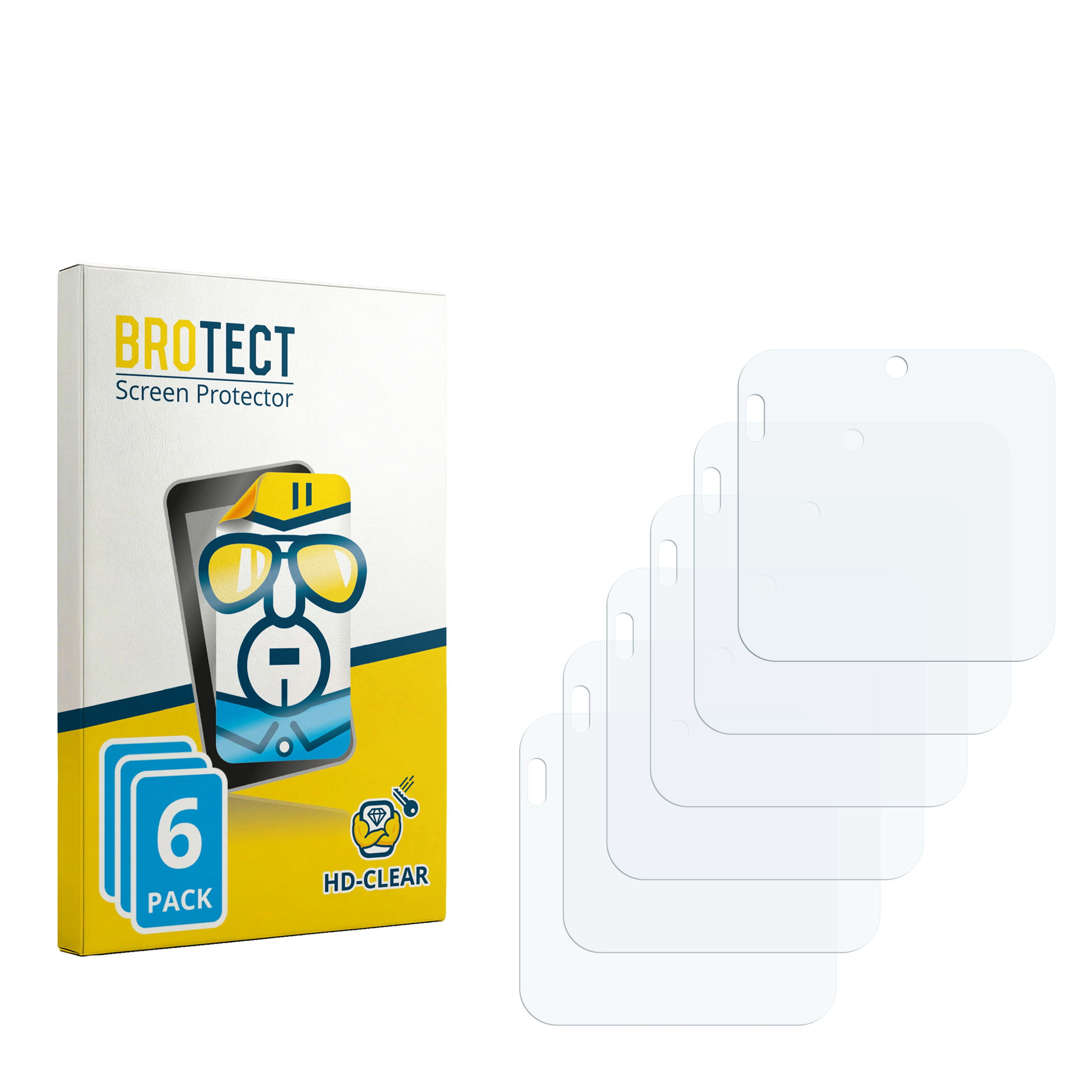 Verpackung für 6 Displayschutzfolien und mehrere durchsichtige Schutzfolien.