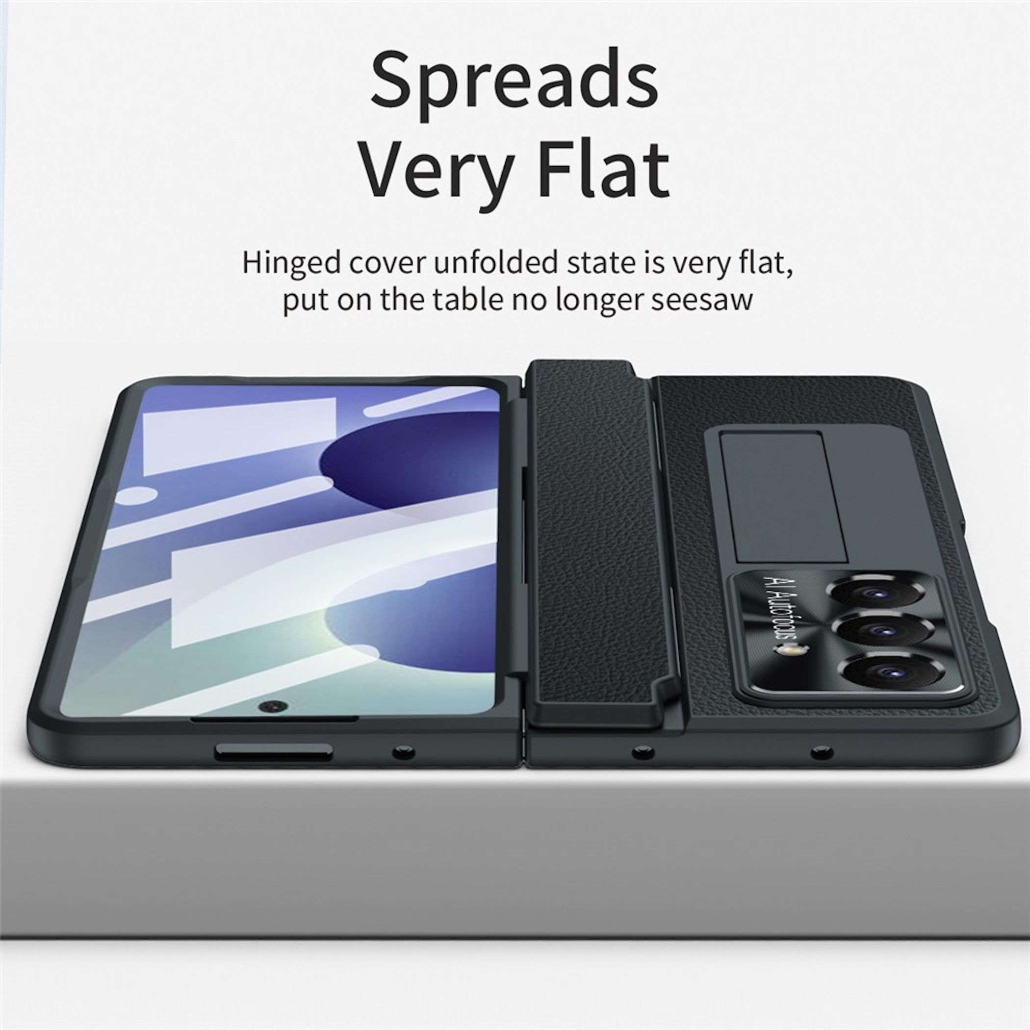 Schwarzes Handy mit offenem Gehäuse, Kamera und Bildschirm sichtbar.