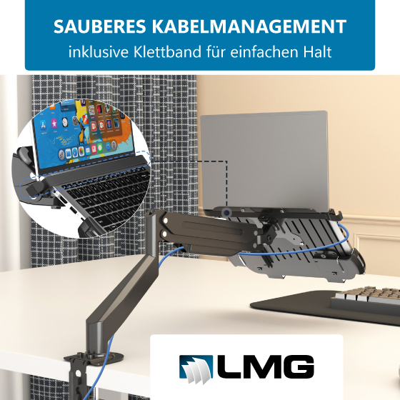Ein Laptoparm mit Kabelmanagement und Klettband auf einem Schreibtisch.
