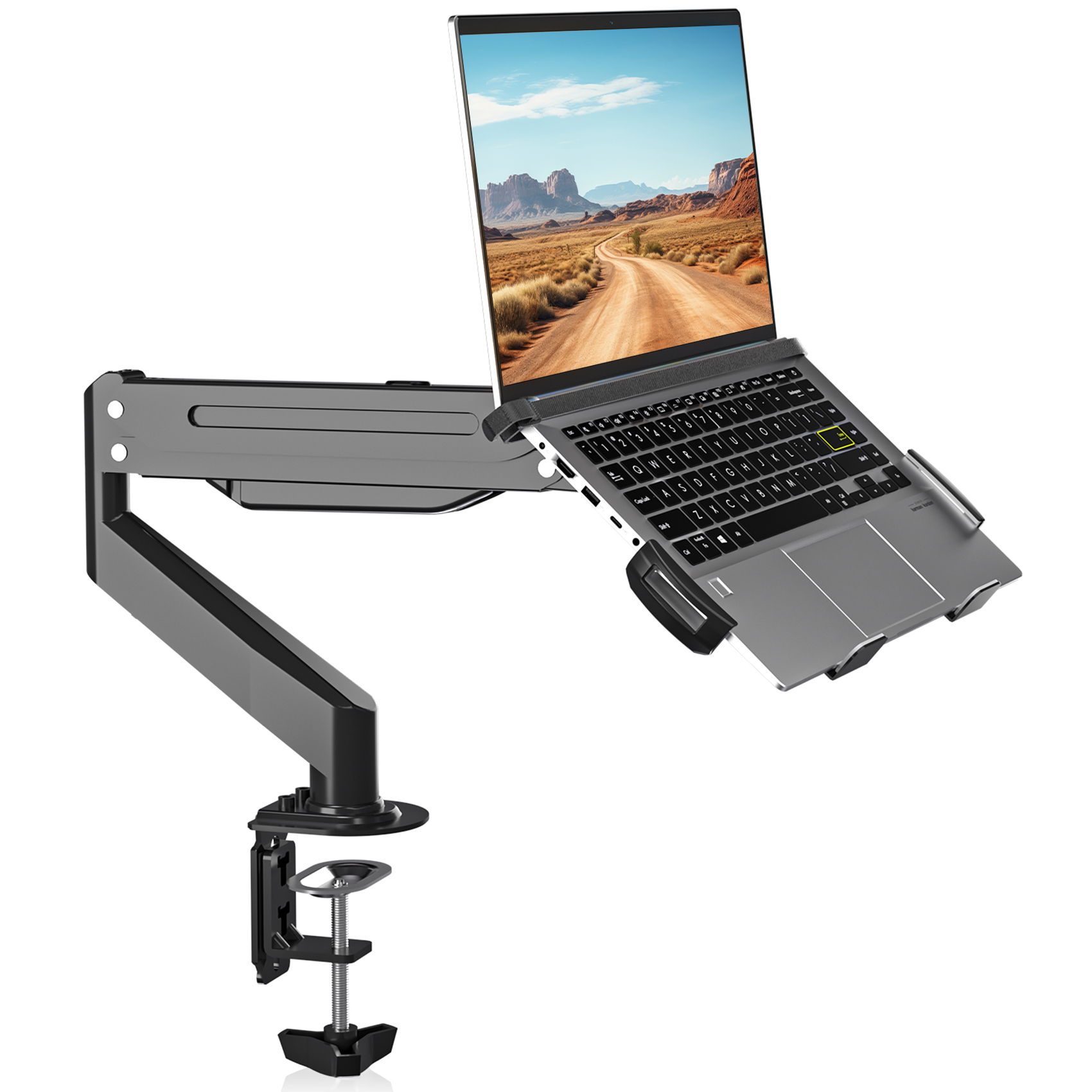 Ein Laptop auf einem silbernen Arm mit Klemme und Wüstenlandschaft auf dem Bildschirm.