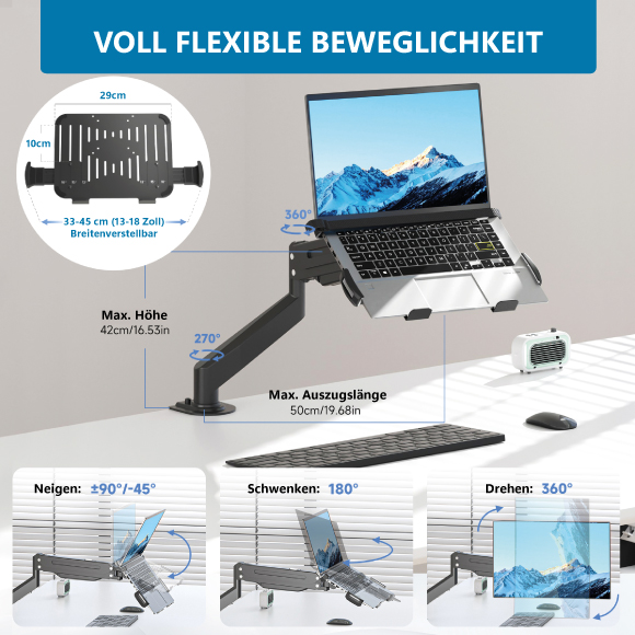 Flexibler Laptop-Arm mit Höhen-, Neige-, Schwenk- und Drehfunktionen.