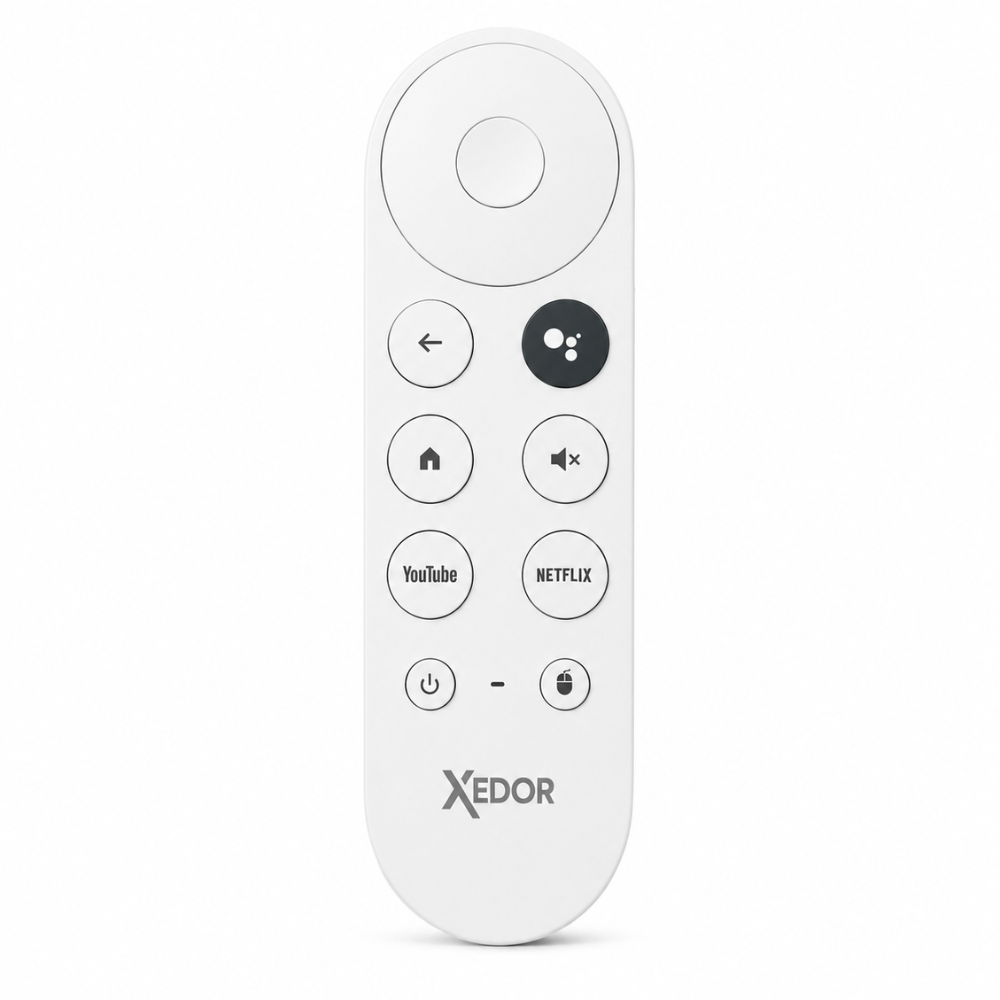 Eine weiße Fernbedienung mit runden Tasten für Home, Zurück, Lautlos, YouTube und Netflix.