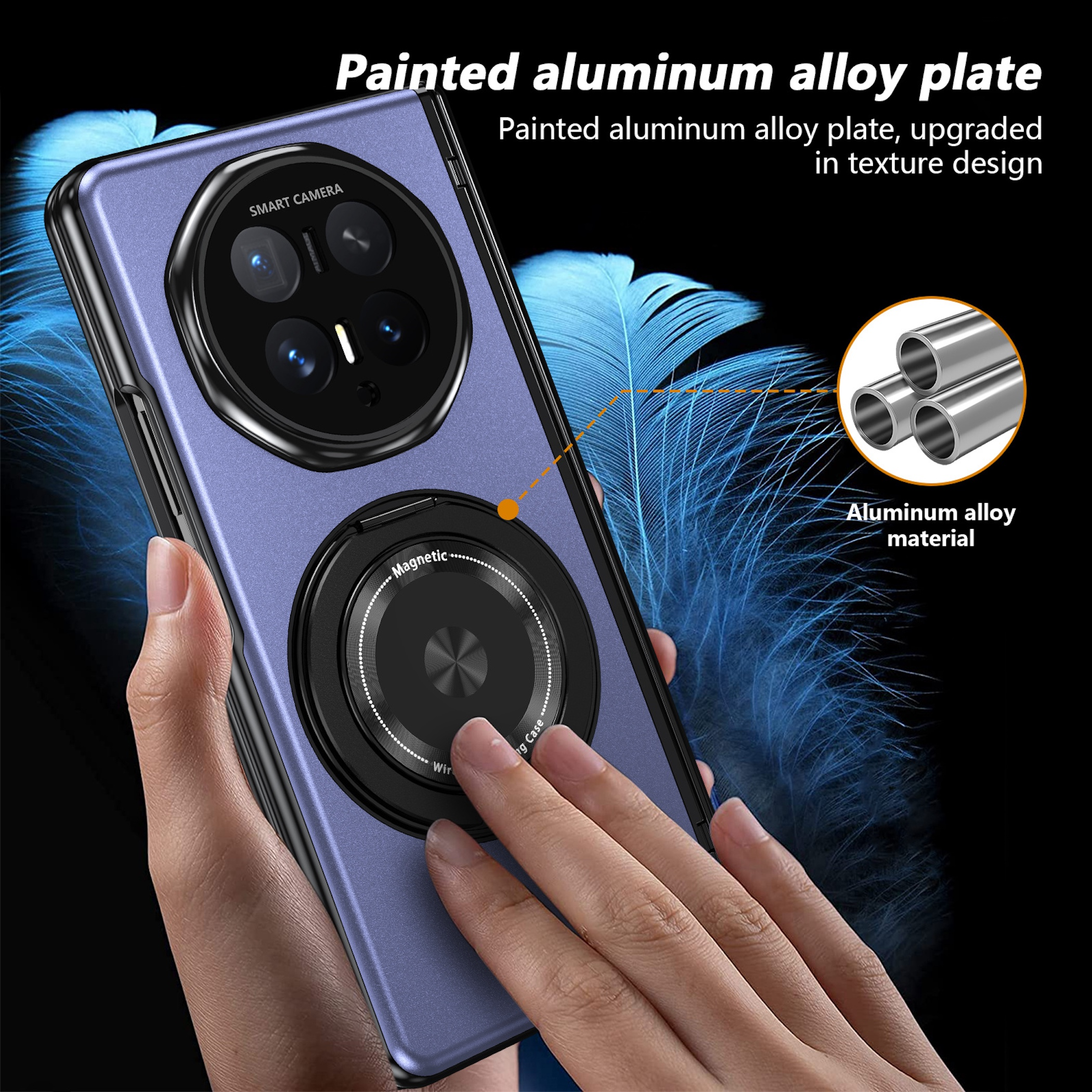 Eine Hand hält ein lila Handy mit strukturierter Rückseite und Magnetring.