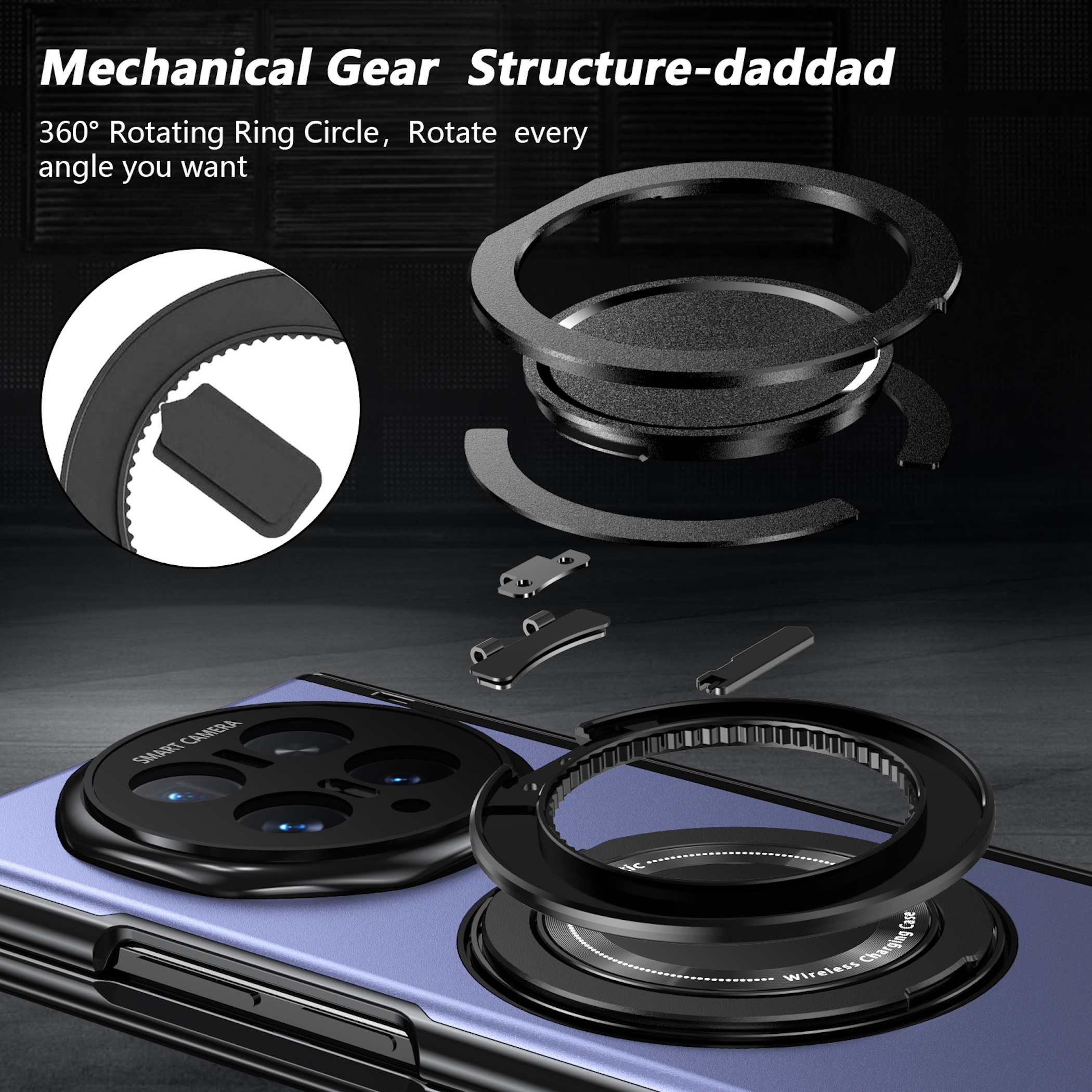 Mechanisches Zahnrad-Design mit 360°-Ring für Handy-Kamera und Ladefunktion.