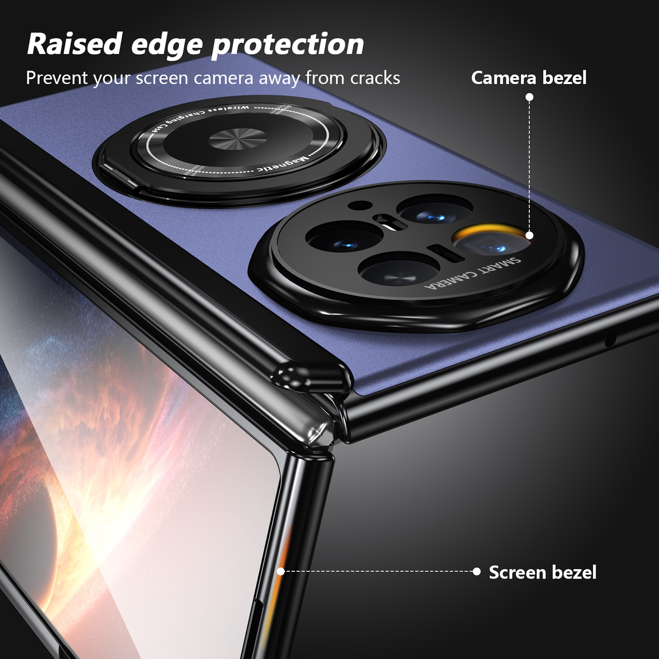 Ein blaues Handy mit erhöhten Kanten, das die Kamera und den Bildschirm schützt.