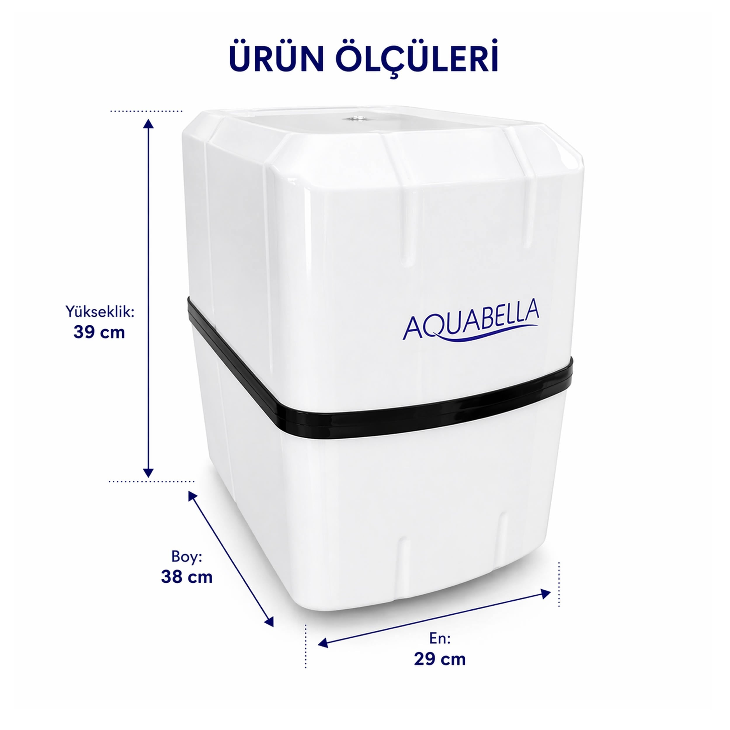 Beyaz Aquabella cihazı boyutları: Yükseklik 39 cm, En 38 cm, Derinlik 29 cm.