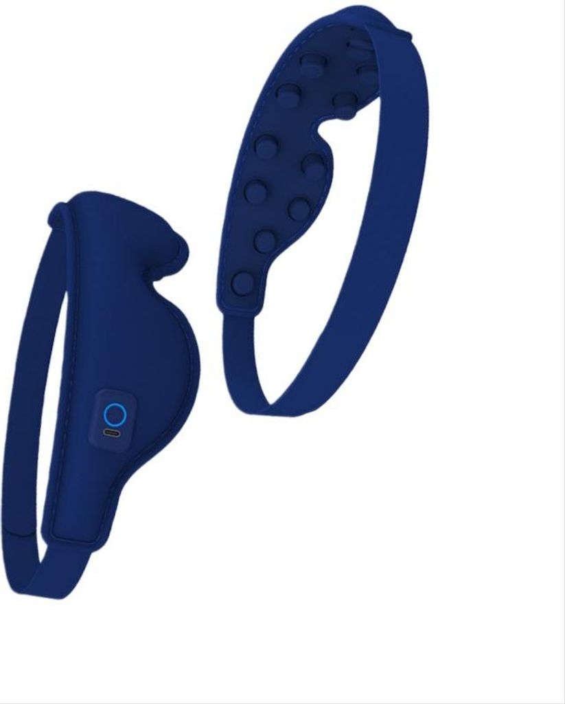 Zwei blaue Massagegeräte mit Gurten. Eines hat mehrere Noppen, das andere einen Knopf.
