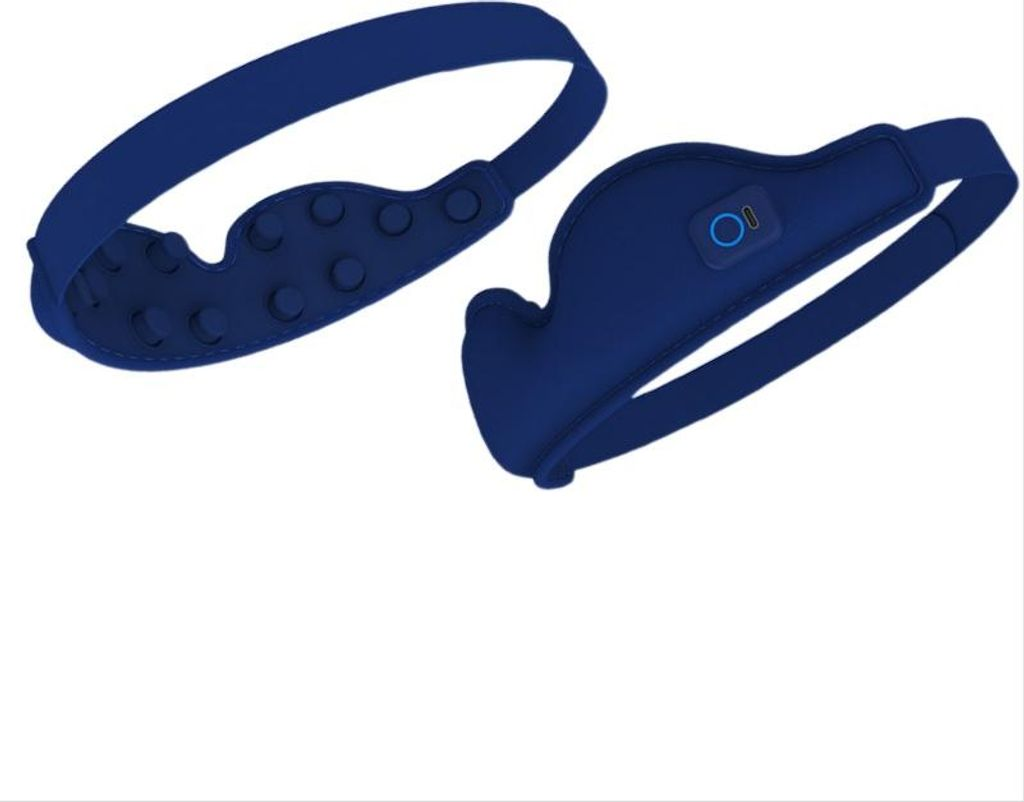 Zwei blaue Stirnbänder mit Knöpfen. Eines hat Elektroden, das andere einen Knopf.