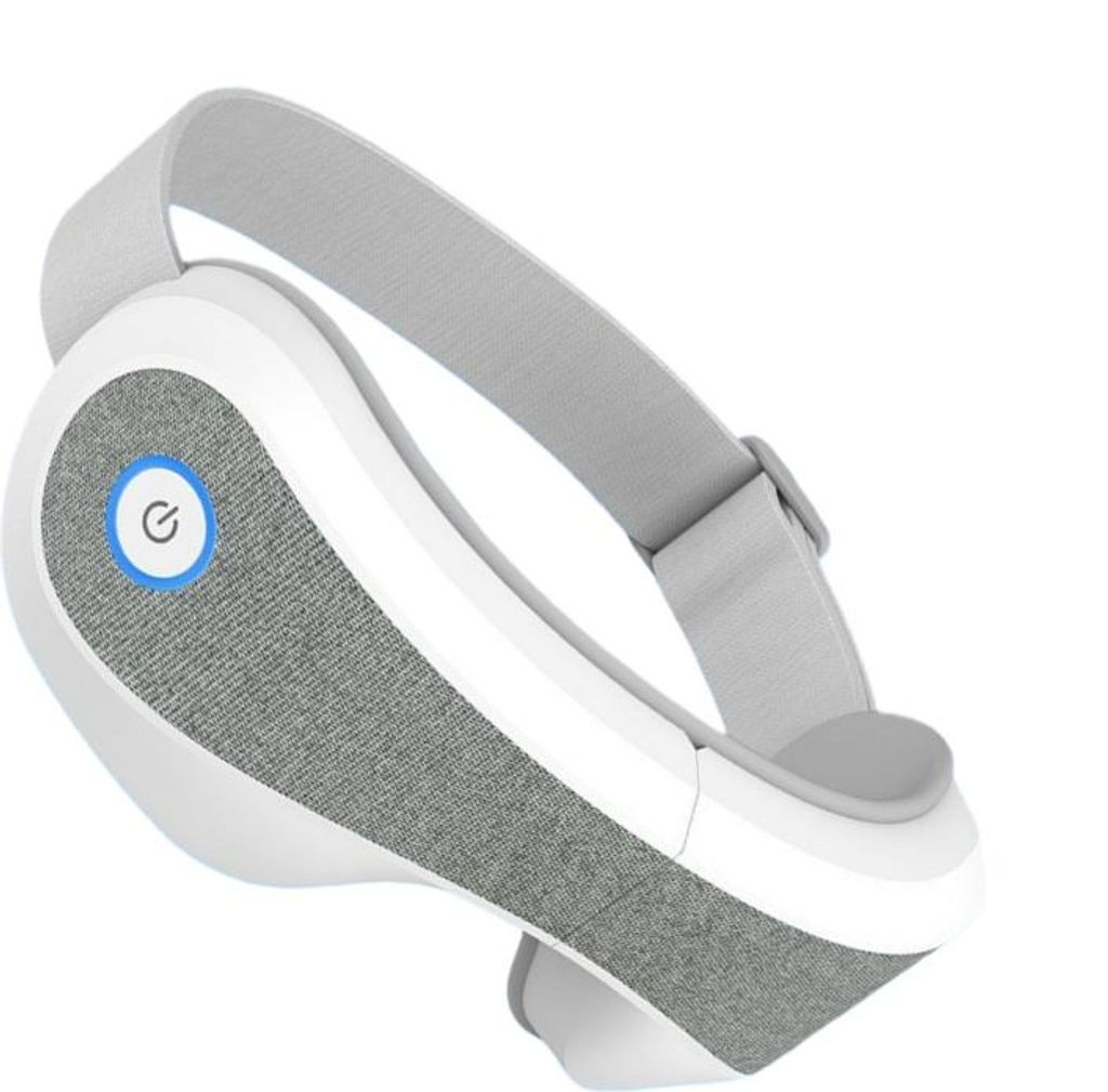 Ein weißes und graues Stirnband mit einem runden blauen Netzschalter-Symbol.