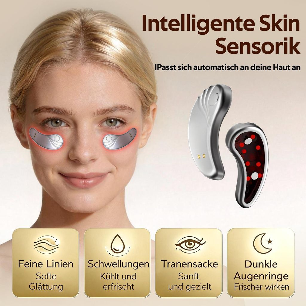 Frau mit Augenpflegegeräten und Infografiken: "Intelligente Skin Sensorik".